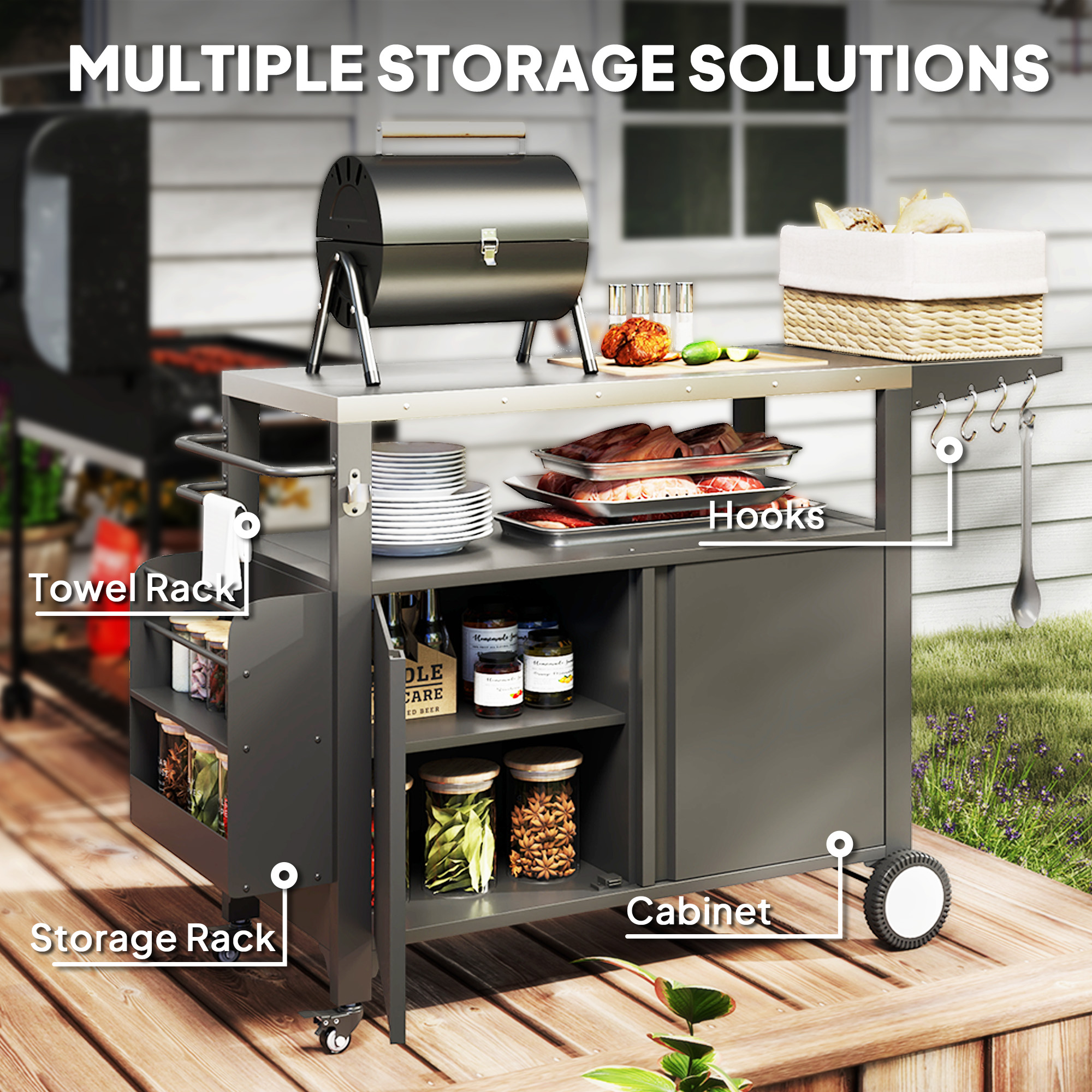 Outdoor Grill Cart with Foldable Side Table, Stainless Steel Tabletop, Pizza Oven Stand with Storage Rack, Wheels - Image 4
