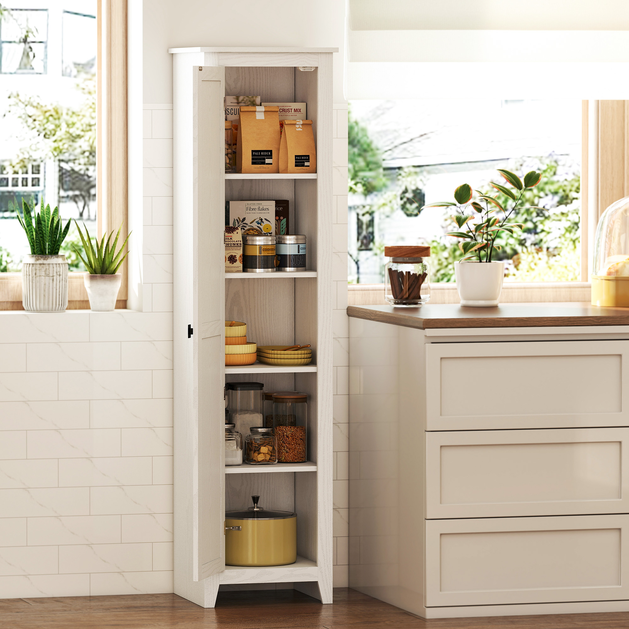 67" Farmhouse Kitchen Pantry Storage Cabinet with Barn Door, Kitchen Pantry Cabinet with Adjustable Shelves, White - Image 6