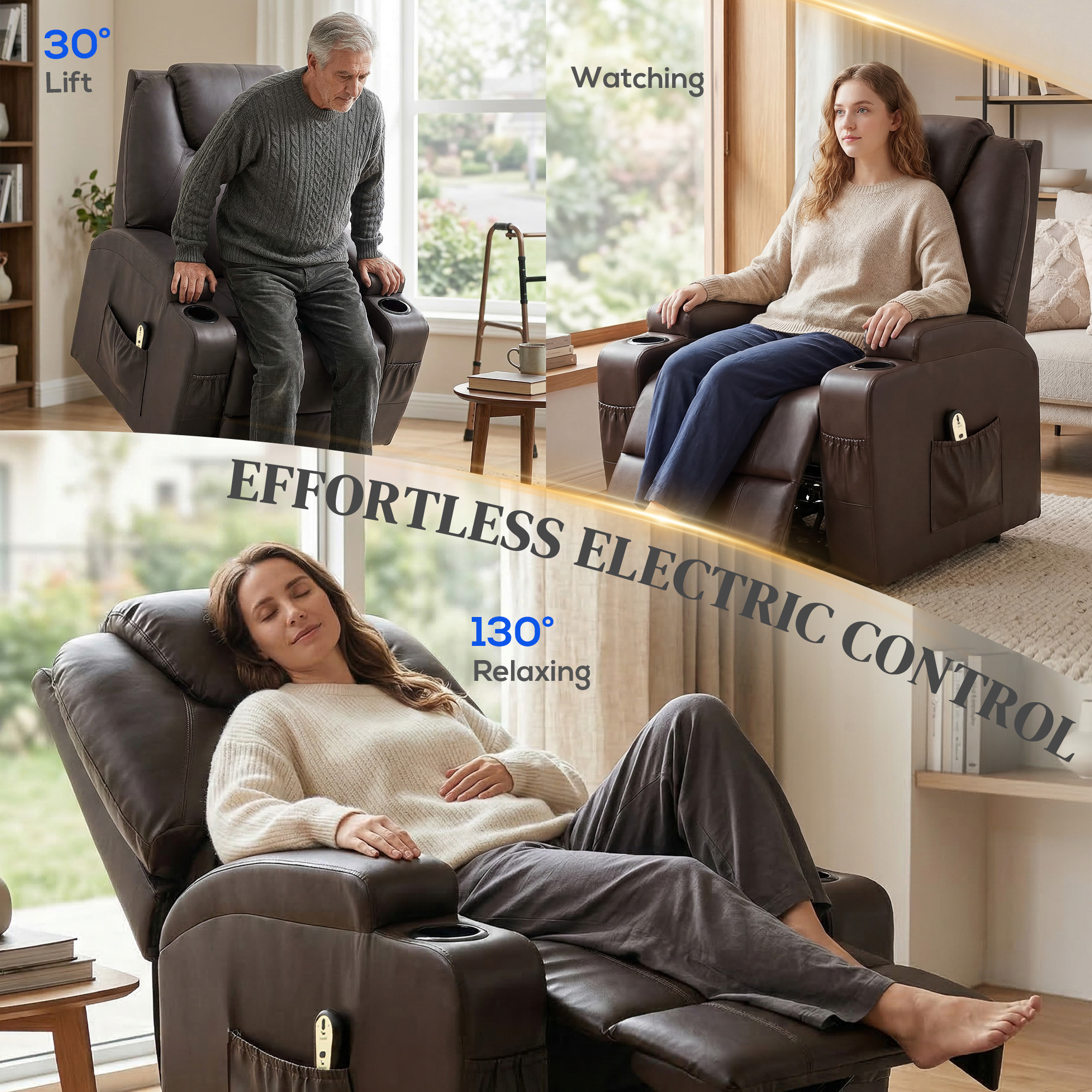 Power Lift Recliner Chair for Elderly, PU Leather Lift Chair with Thick and High Back, Footrest, Remote, Side Pockets, Cup Holders, Reclining Sofa for Living Room, Brown - Image 2