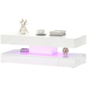 Coffee Table with Adjustable LED Lights, Modern Living Room Table with 2 Drawers, Open Shelf, Remote, High Gloss White