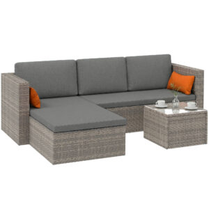 3-Piece Patio Furniture Set Modern Sectional Sofa Rattan Chair Wicker Conversation Set Outdoor Hand Woven Rattan Wicker Furniture Patio Coffee Table Sofa Set, Grey