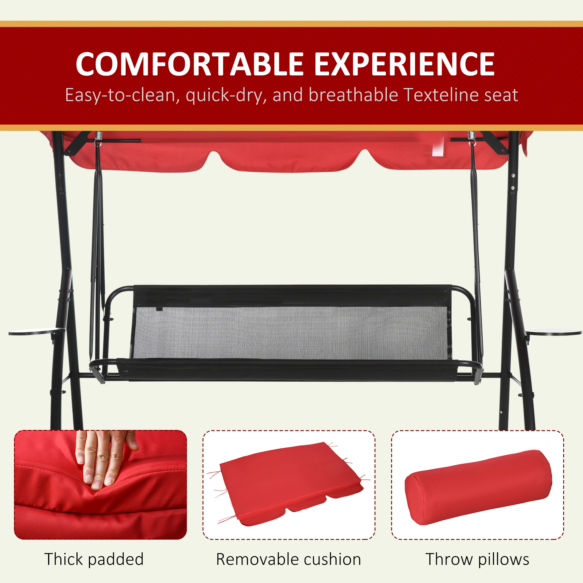3-Seat Outdoor Patio Swing Chair, 2-in-1 Convertible Flat Bed, Canopy Swing Glider w/ Adjustable Shade, Removable Cushion and Pillows for Porch, Garden, Poolside - Image 4