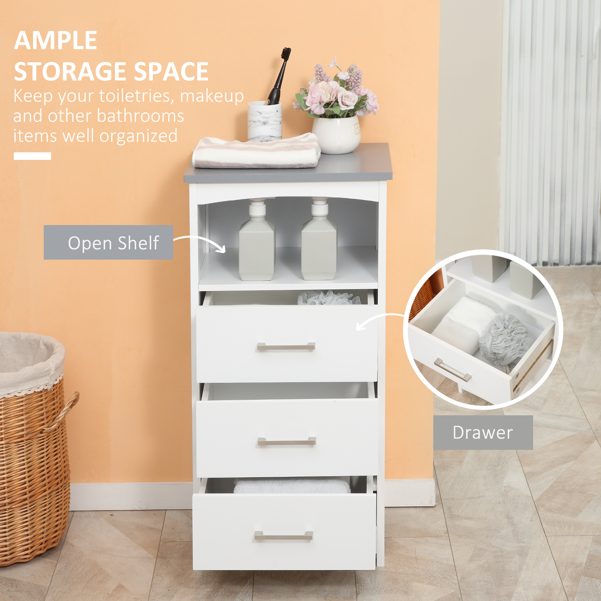 Small Bathroom Storage Cabinet, Floor Cabinet with 3 Drawers and Open Component, Narrow Bathroom Cabinet, White - Image 2