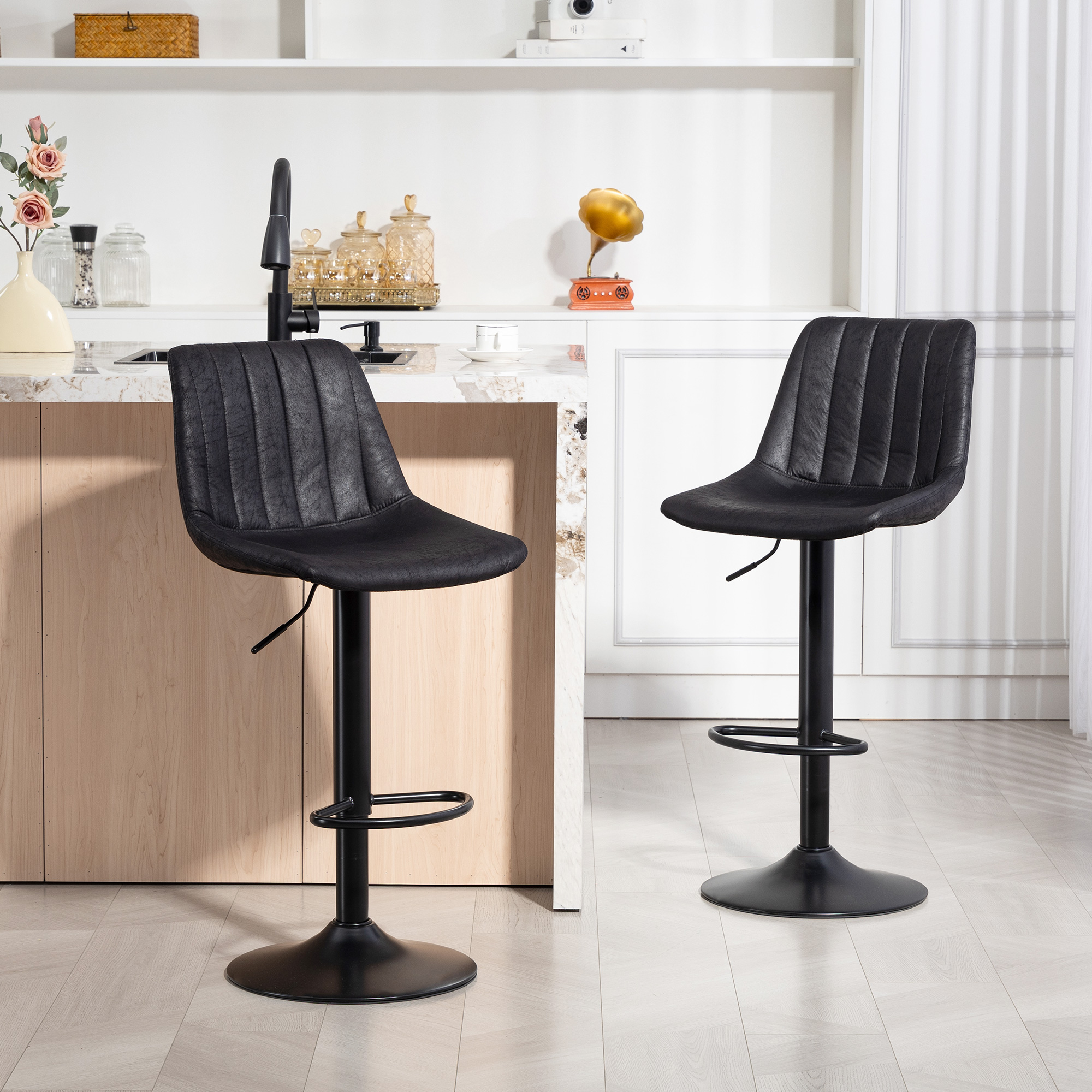 Counter Height Bar Stools Set of 2, Adjustable Height Bar Chairs with Swivel Seat, Leathaire Upholstery, Black - Image 6