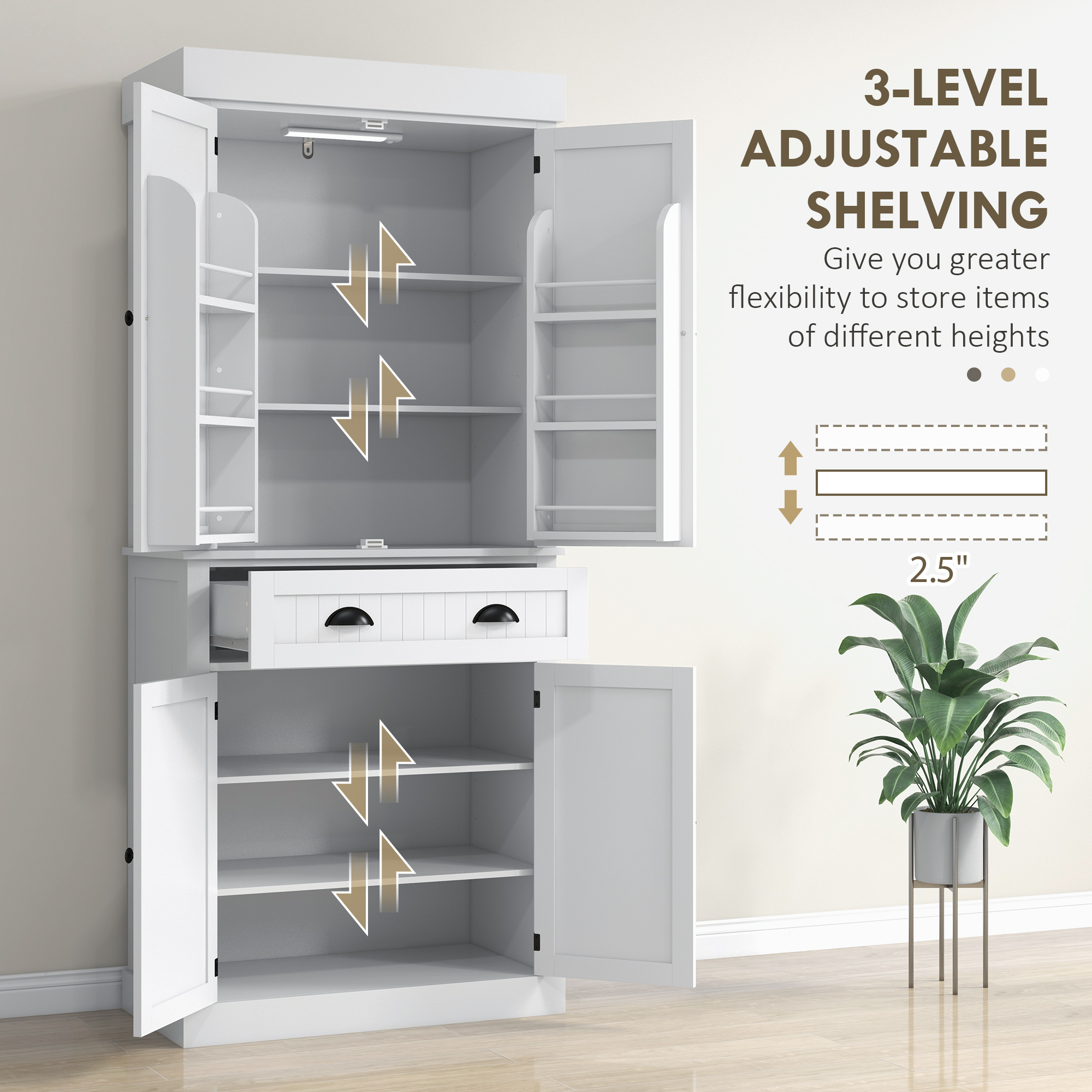 71" Kitchen Pantry Cabinet with LED Lights, 6 Spice Racks, a Drawer and 4 Adjustable Shelves, White - Image 4