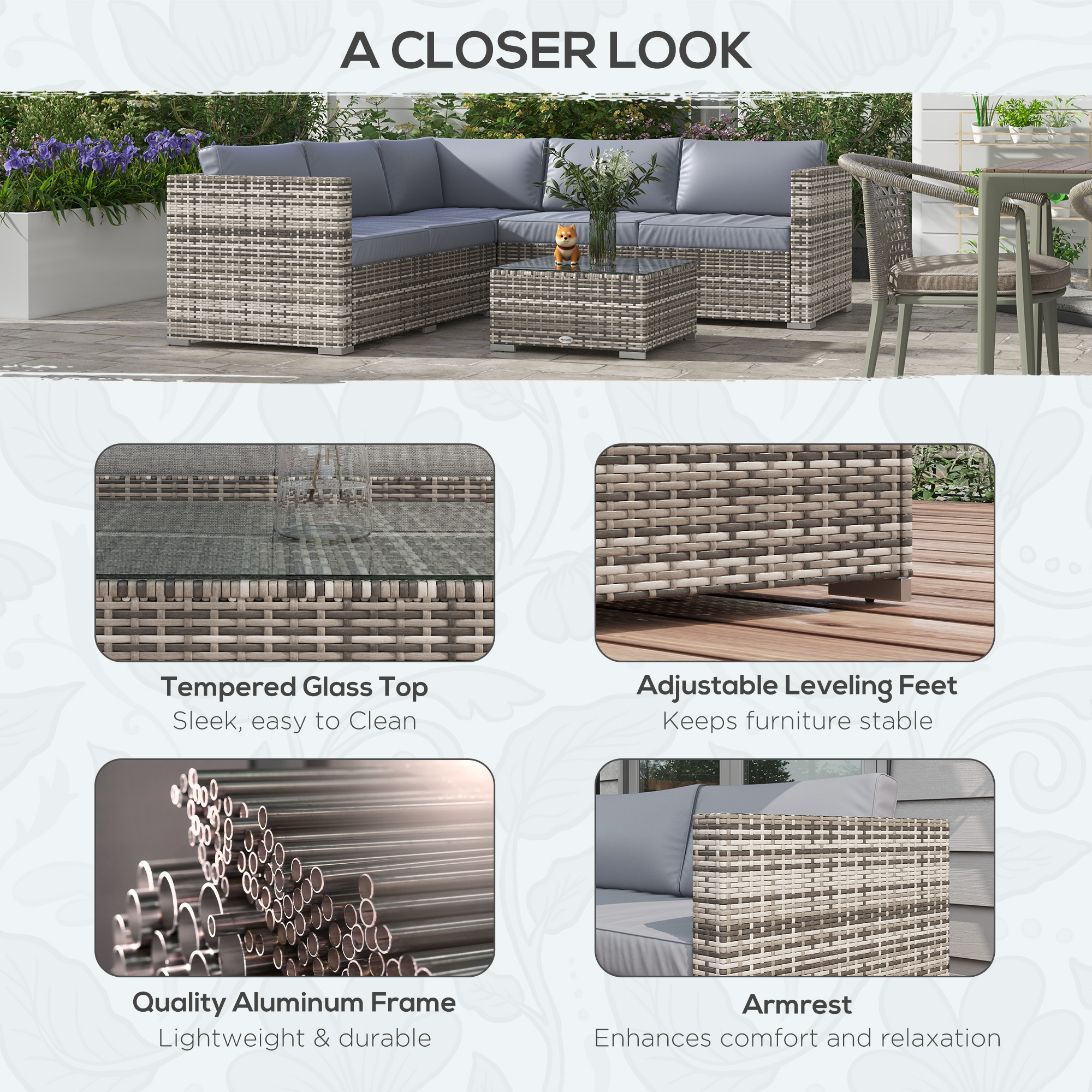 4 Pieces Rattan Wicker Outdoor Conversation Furniture Set w/ Corner Sofa Loveseats Coffee Table Cushions, Grey - Image 3