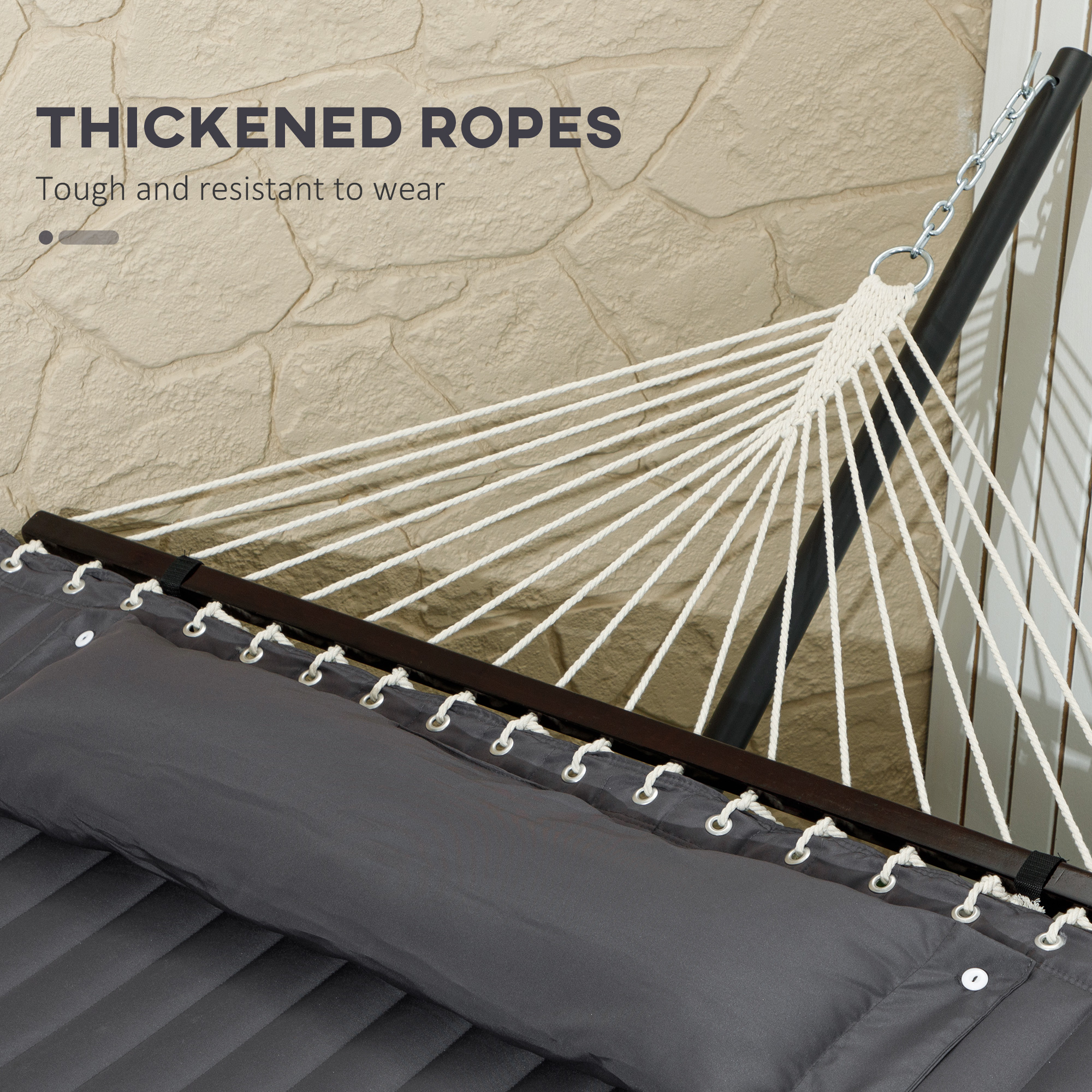 2 Person Hammock Quilted Double Hammock with Stand Pillow Spreader Bars for Outdoor Camping Beach, Dark Grey - Image 5