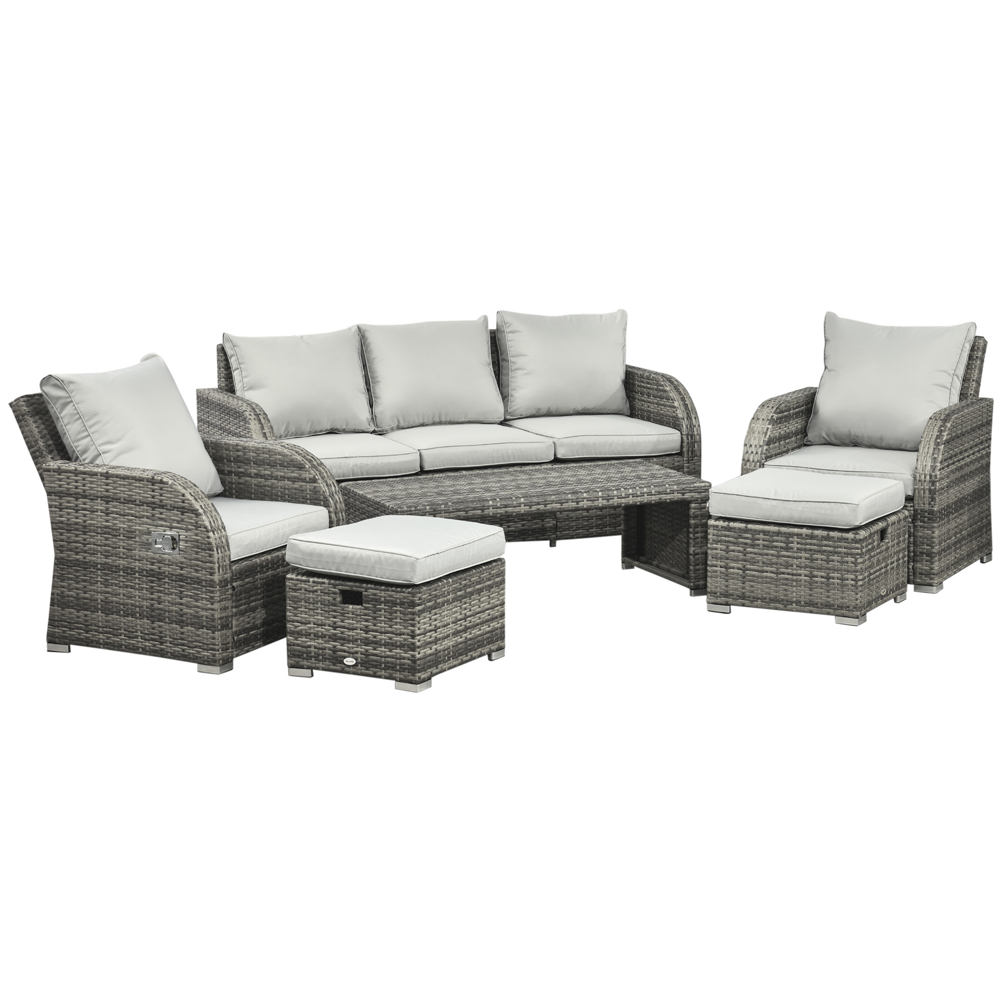 6 Pieces Patio Furniture Set, Conversation Set Wicker Sectional Set Cushioned Outdoor Rattan 3-Seat Sofa, 2 Adjustable Recliners, 2 Footstools & Table Set for Lawn Garden Backyard, Light Grey