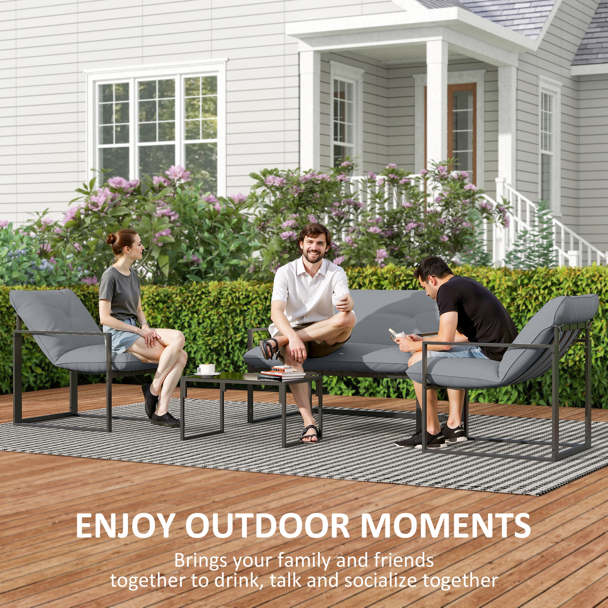 4 Piece Outdoor Furniture Set, Patio Conversation Set with Tempered Glass Table, Loveseat, 2 Chairs and Cushions, Grey - Image 5