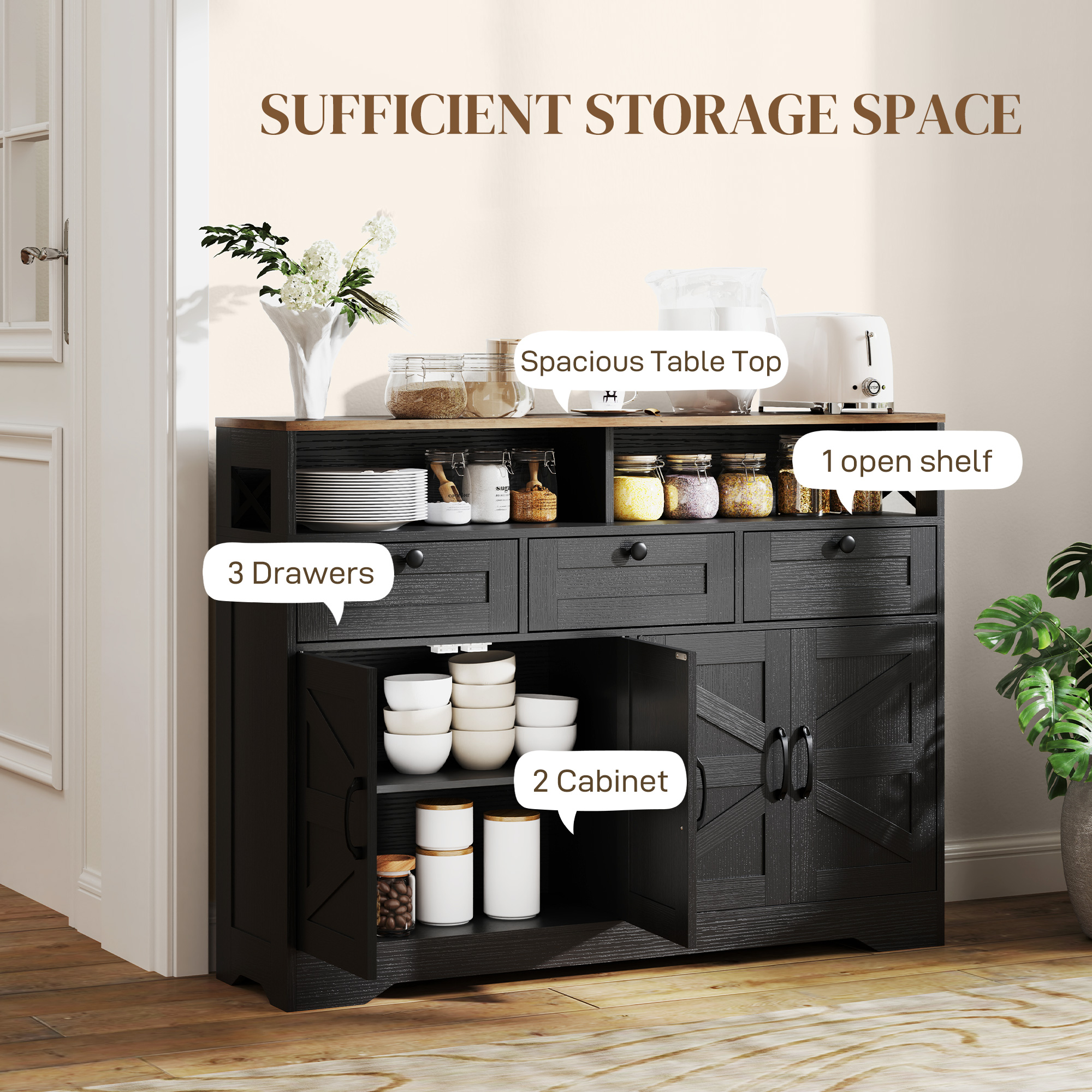 Sideboard, Buffet Cabinet with 4 Barn Doors and 3 Drawers, Coffee Bar Cabinet with Adjustable Shelves, Black - Image 2
