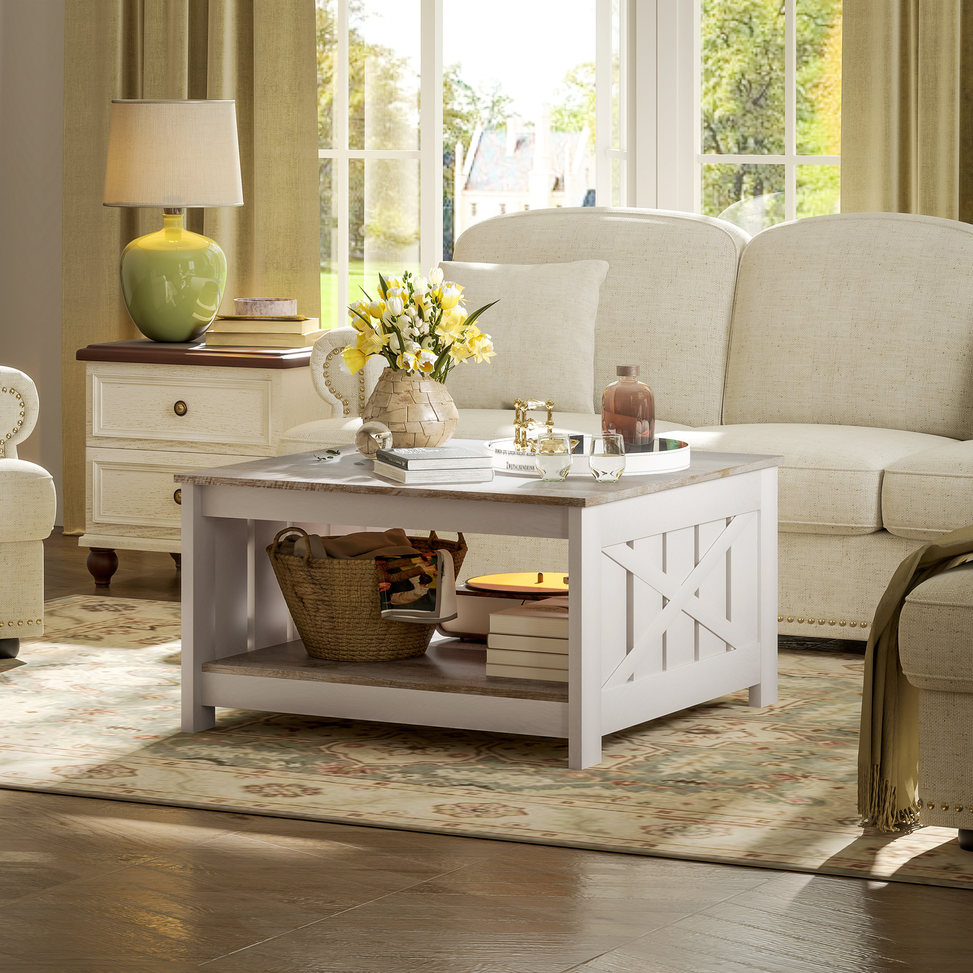 31.5" Square Coffee Table, Farmhouse 2-Tier Center Table for Living Room, Distressed Oak and Brown - Image 4
