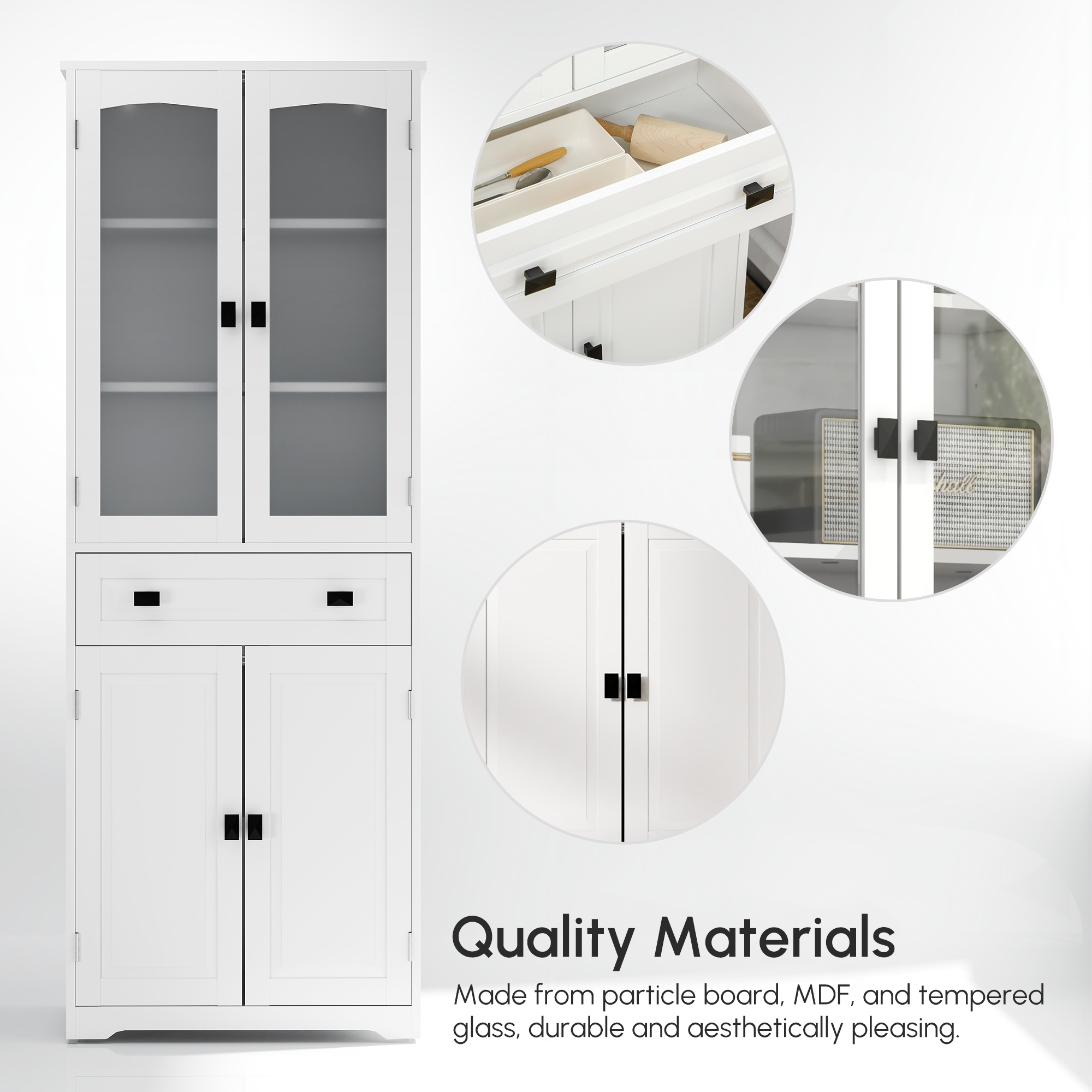 63" 4-Door Kitchen Pantry Cabinet, Freestanding Storage Cabinet Cupboard with Adjustable Shelves, White - Image 5