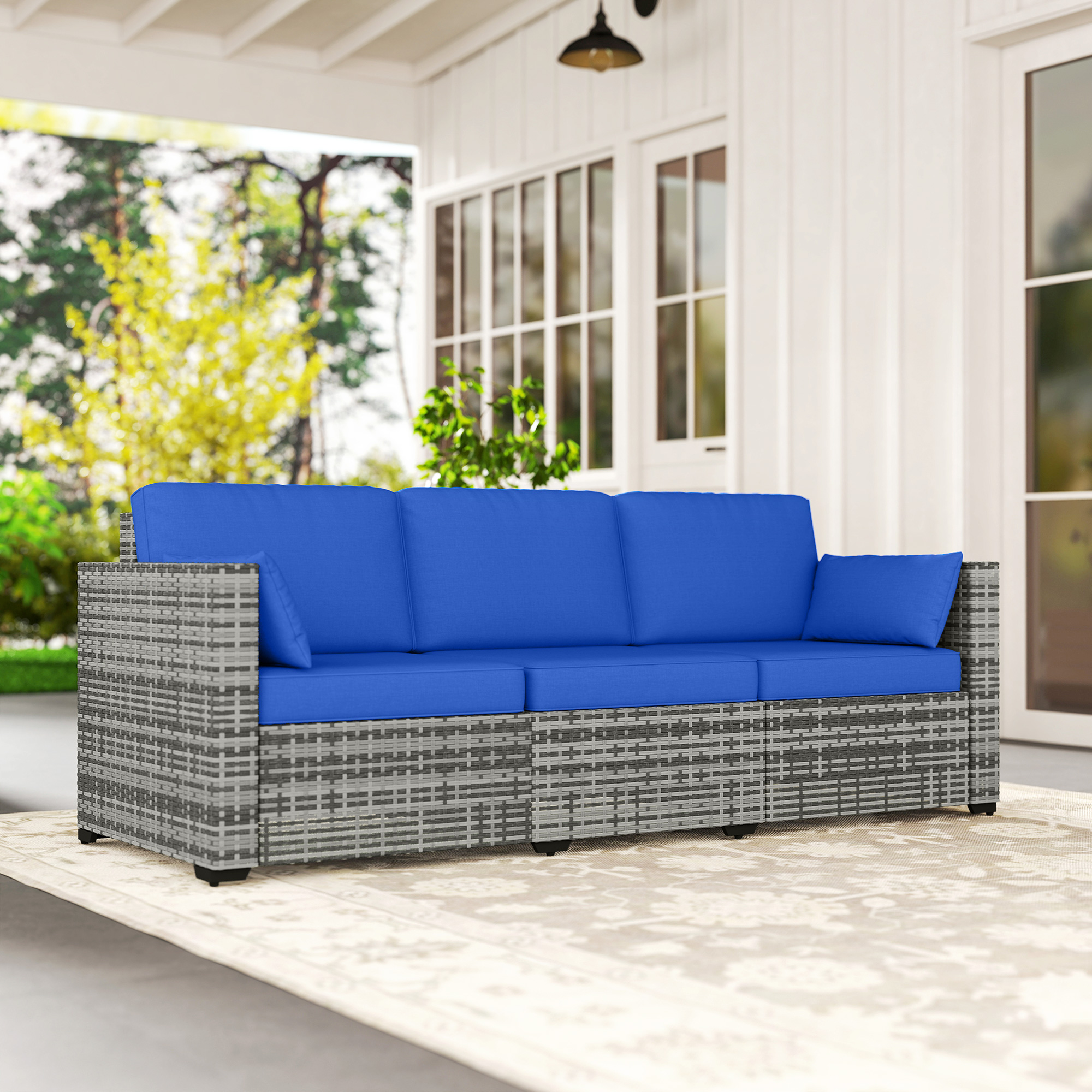 3-Seater Outdoor Sofa with Cushions, PE Rattan Conversation Patio Couch with Pillows for Garden, Poolside, Blue - Image 5