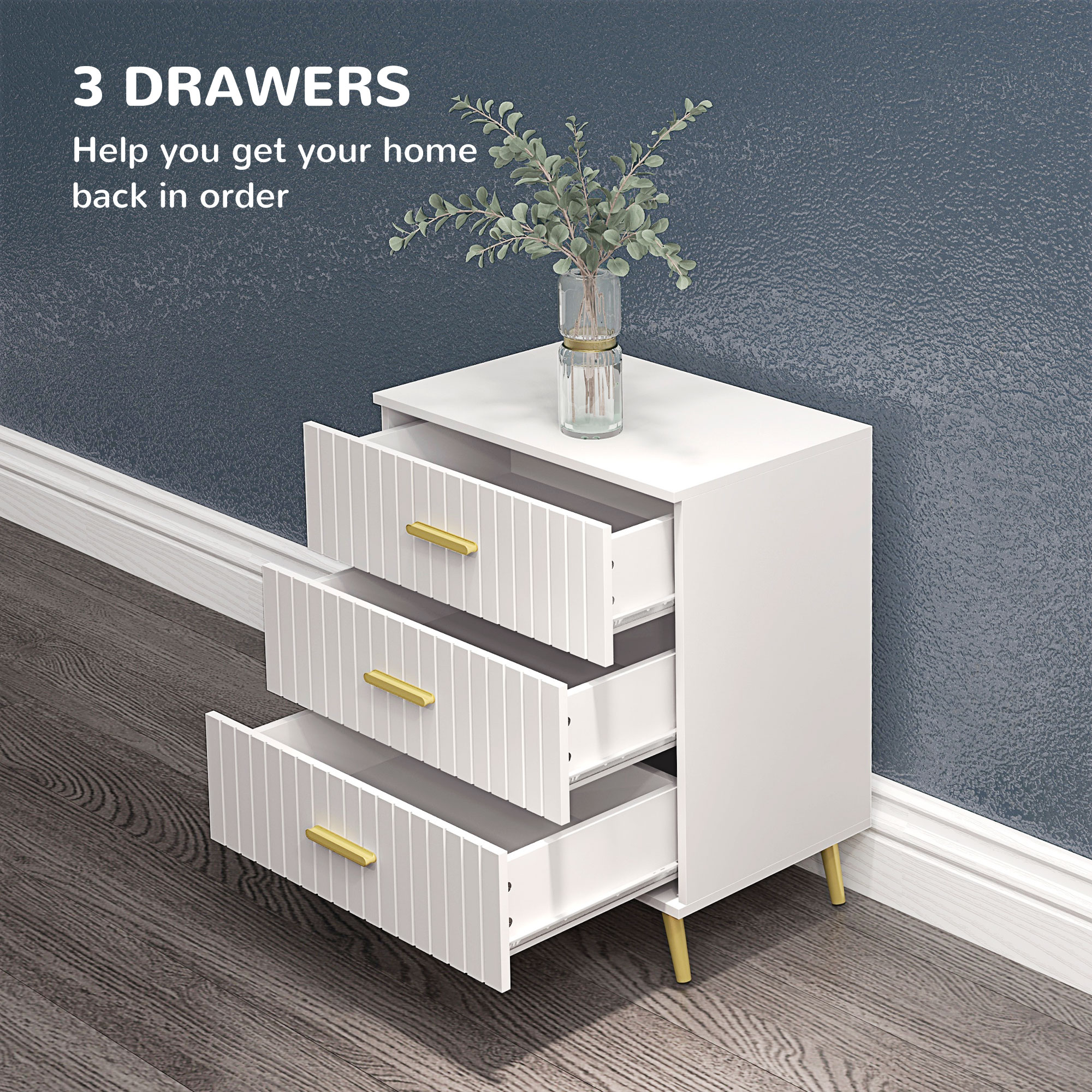 3 Drawer Cabinet, Drawer Chest for Bedroom, Chest of Drawers with Aluminium Legs and Gold Handles, White - Image 2