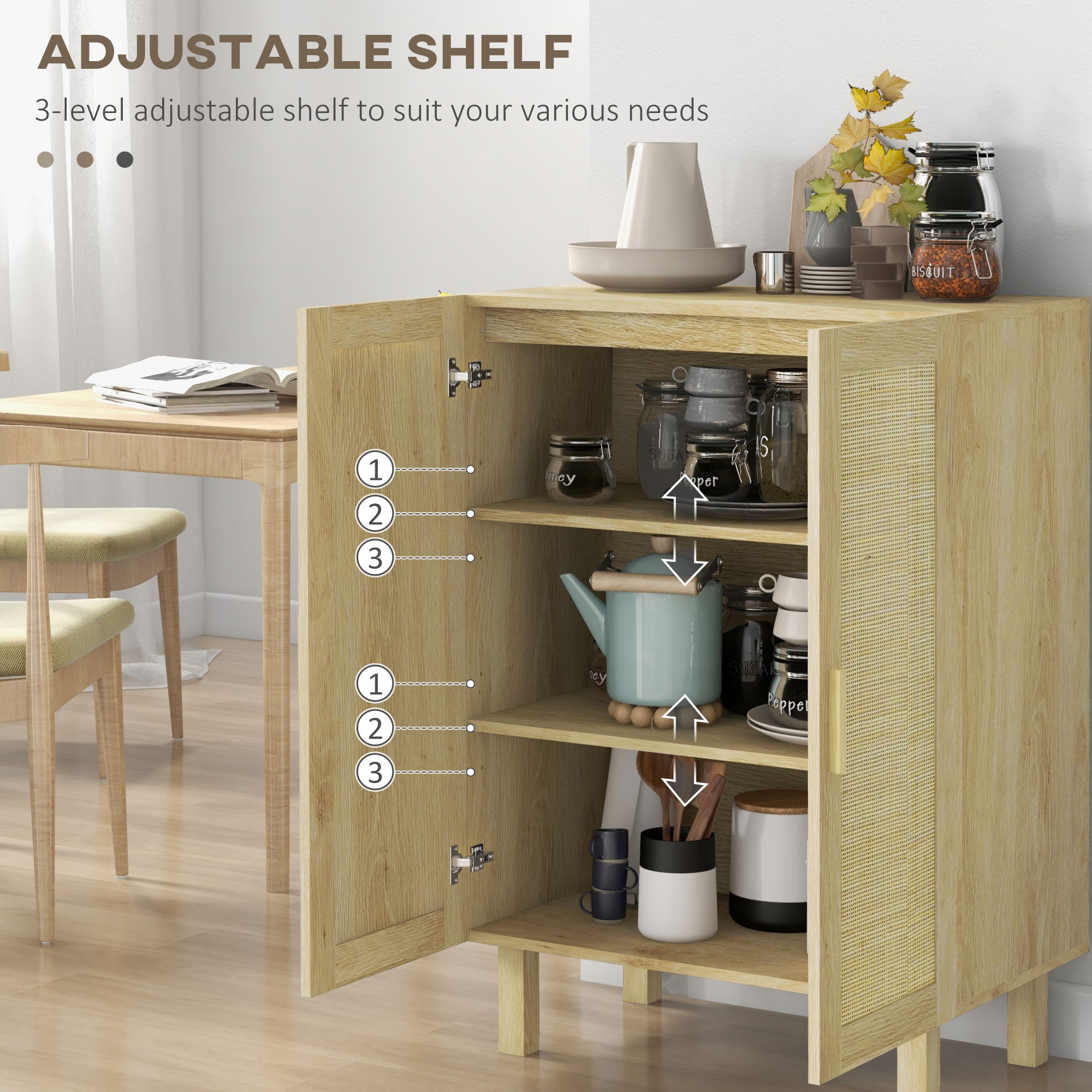 Boho Sideboard, Buffet Cabinet with Storage, Accent Cabinet with 2 Rattan Doors and Adjustable Shelves, Natural - Image 3