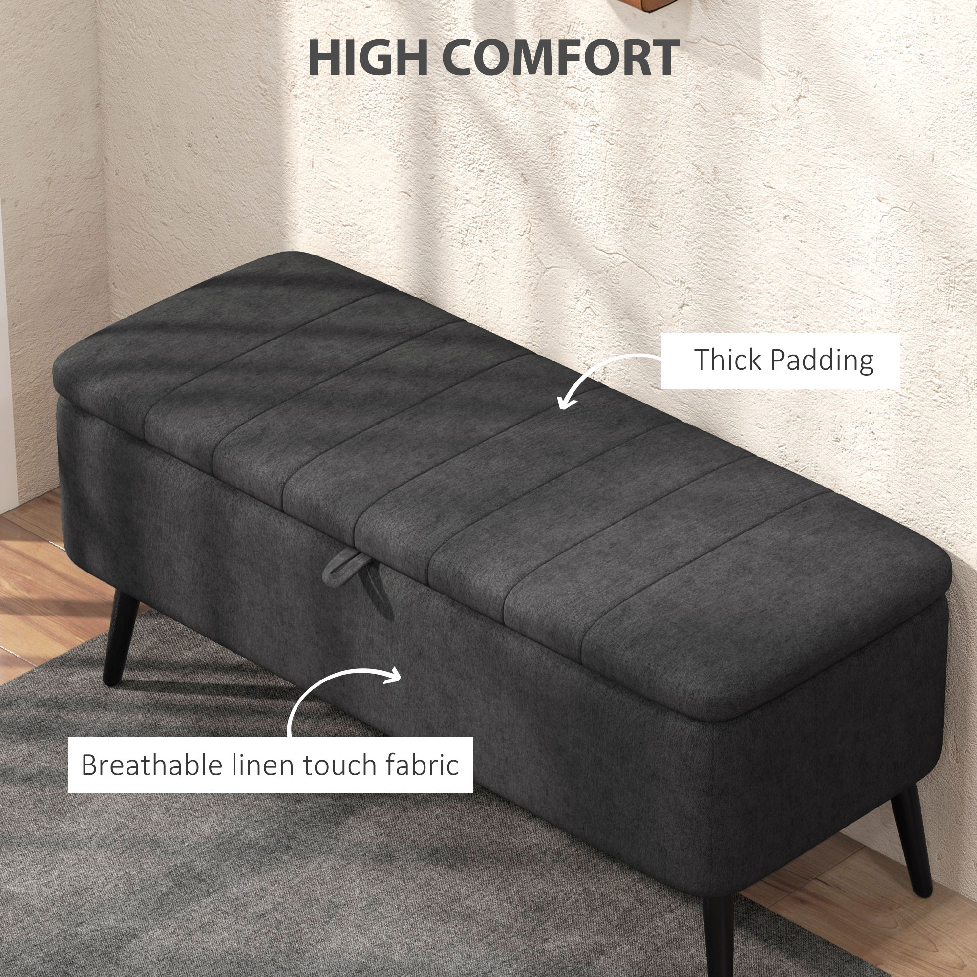 40" Ottoman with Storage, Linen Upholstered Storage Ottoman Bench with Steel Legs for Living Room, Bedroom Black - Image 3