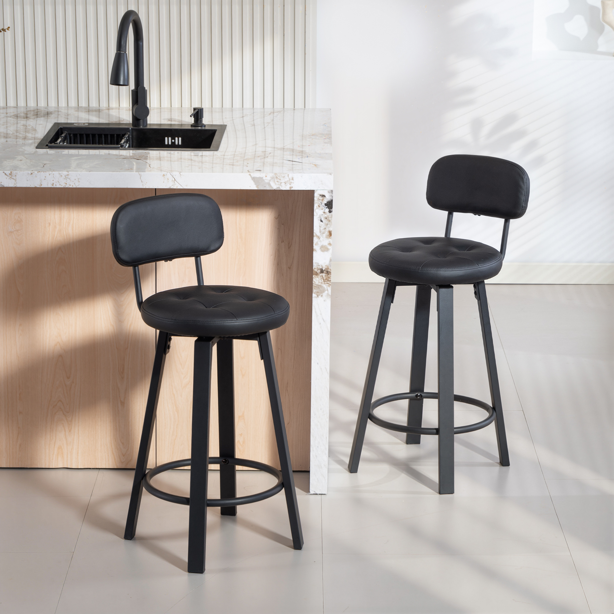Bar Stools Set of 2, Upholstered Breakfast Bar Chairs with Footrest and Backrest for Kitchen Counter, Black - Image 6