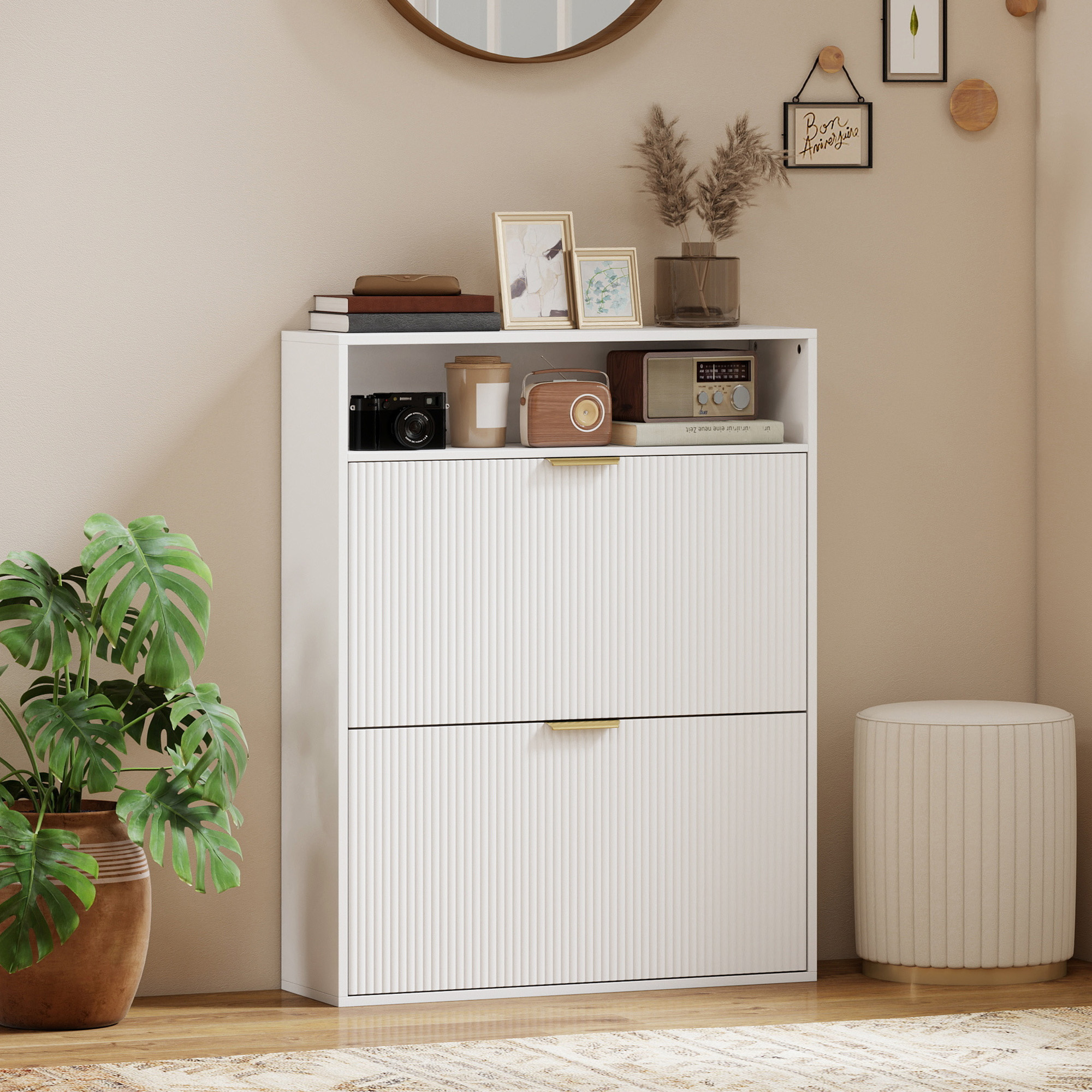 Shoe Cabinet with 2 Flip Drawers Narrow Shoe Storage Cabinet with Top Shelf for Entryway Hallway White - Image 6