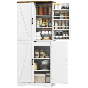 72" Kitchen Pantry Cabinet, Farmhouse Storage Cabinet with 4 Doors, Drawer, 8 Door Shelves and Adjustable Shelf, White