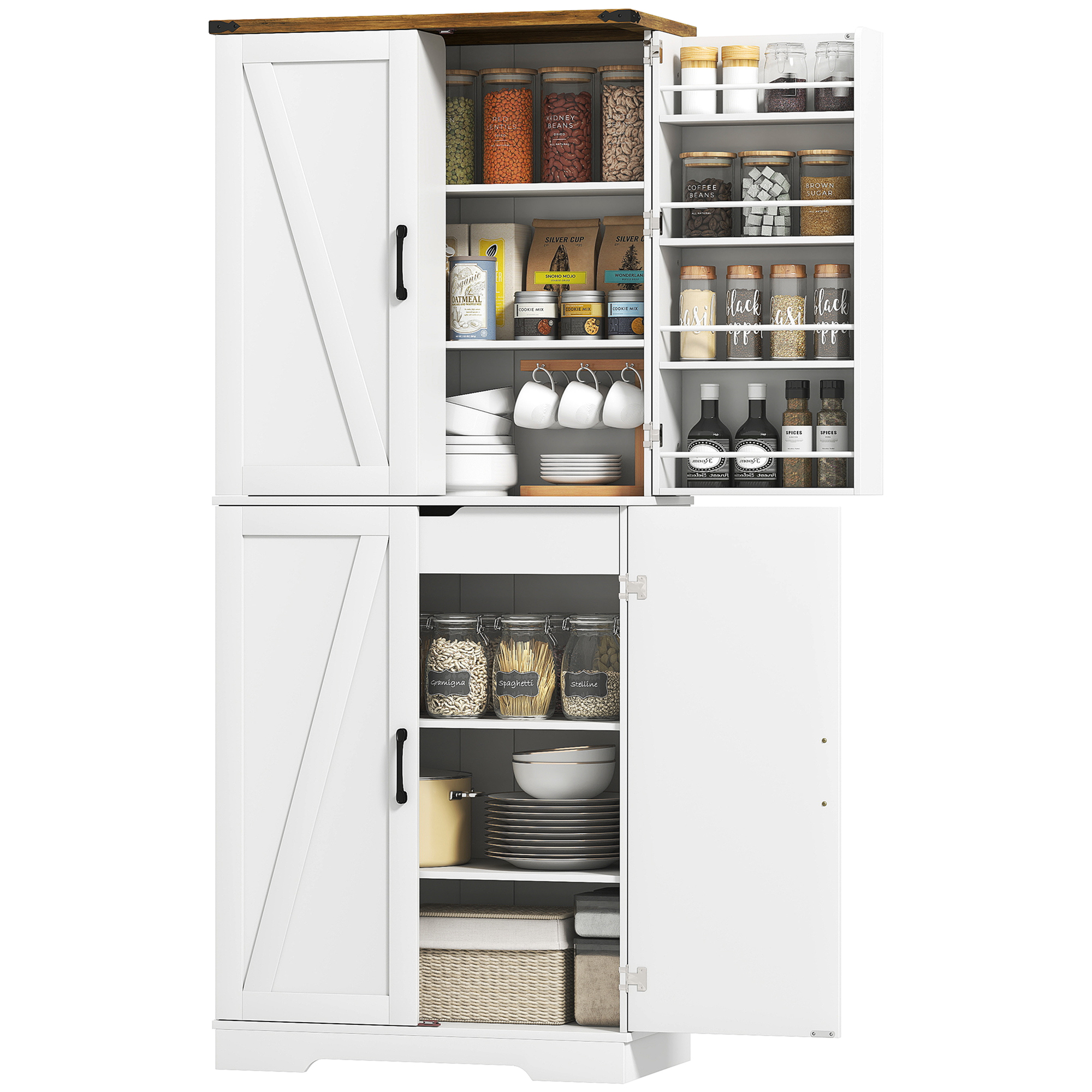 72" Kitchen Pantry Cabinet, Farmhouse Storage Cabinet with 4 Doors, Drawer, 8 Door Shelves and Adjustable Shelf, White