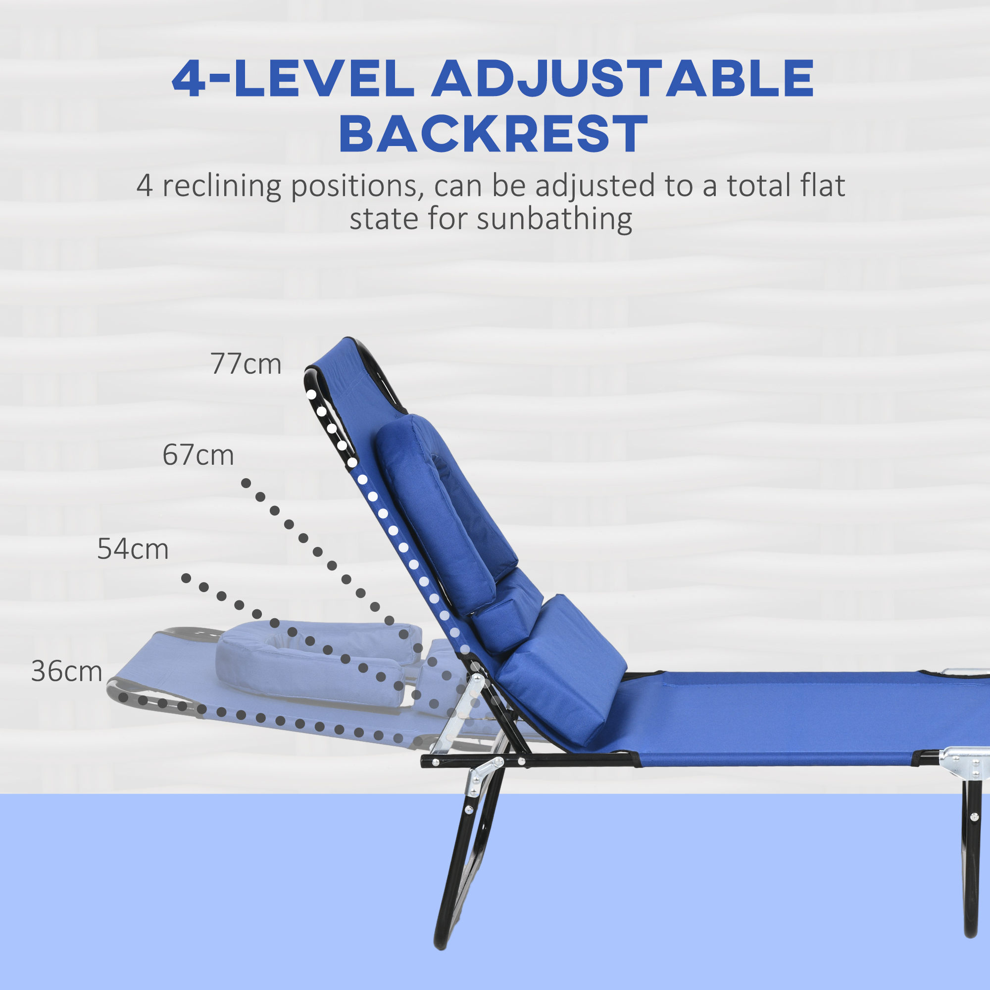 Folding Lounge Chair Set of 2, Reclining Beach Tanning Chair with Face Hole, Pillow, 4-Position Adjustable Flat Sun Lounger, Steel Frame for Outdoor Patio Pool, Blue - Image 2