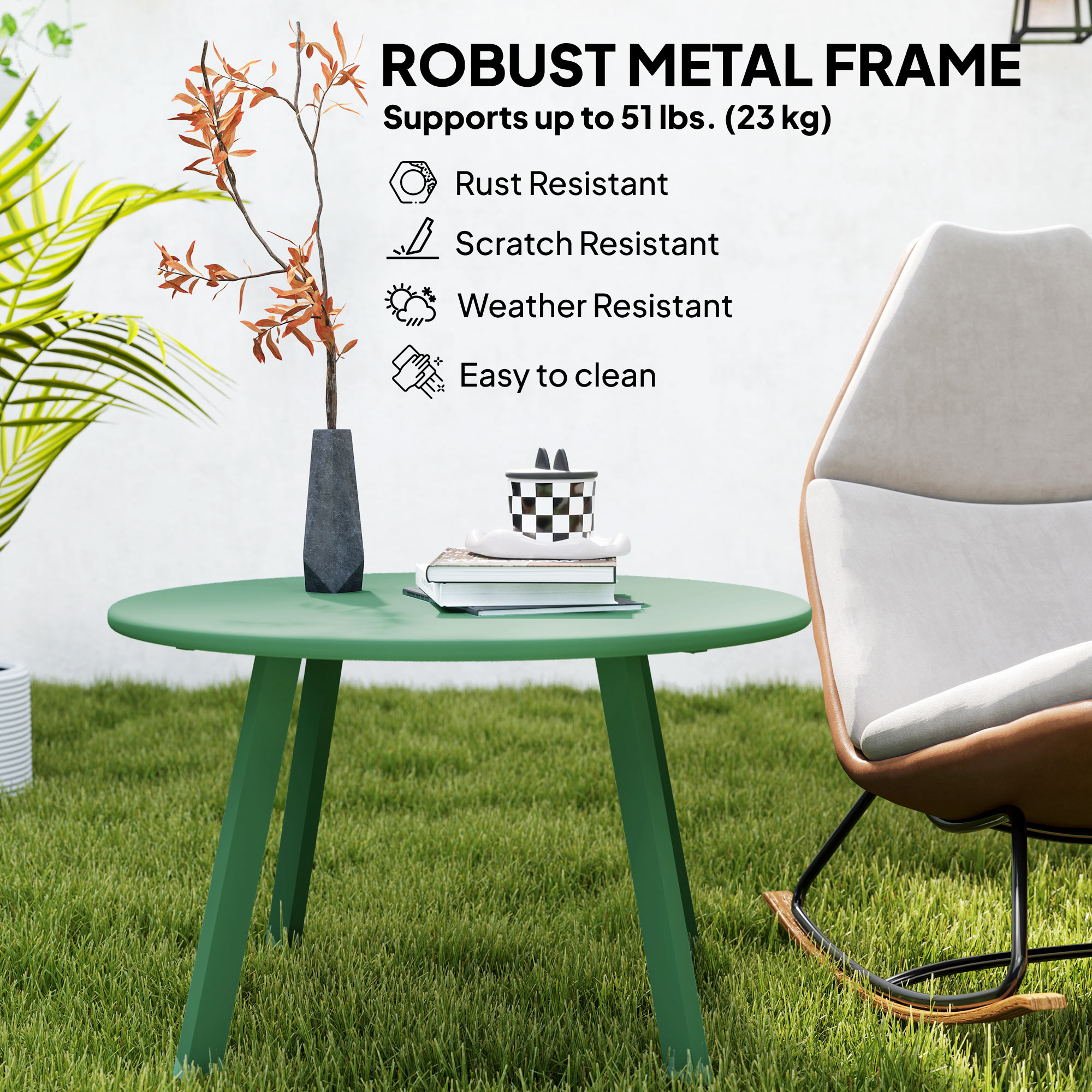 Round Outdoor Side Table, Patio Coffee Table with Metal Frame and Non-Slip Foot Pads, Green - Image 3