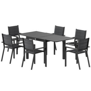 Patio Dining Set for 6, Aluminum Expandable Outdoor Table and 6 Stackable Chairs with Padded Back, Mesh Seat, Black
