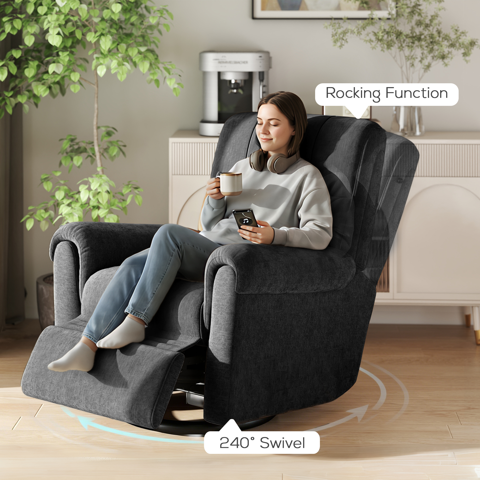 Power Recliner Chair, Fabric Upholstered Recliner Chair with USB Ports, Swivel and Rocking Function, Footrest, Black - Image 4