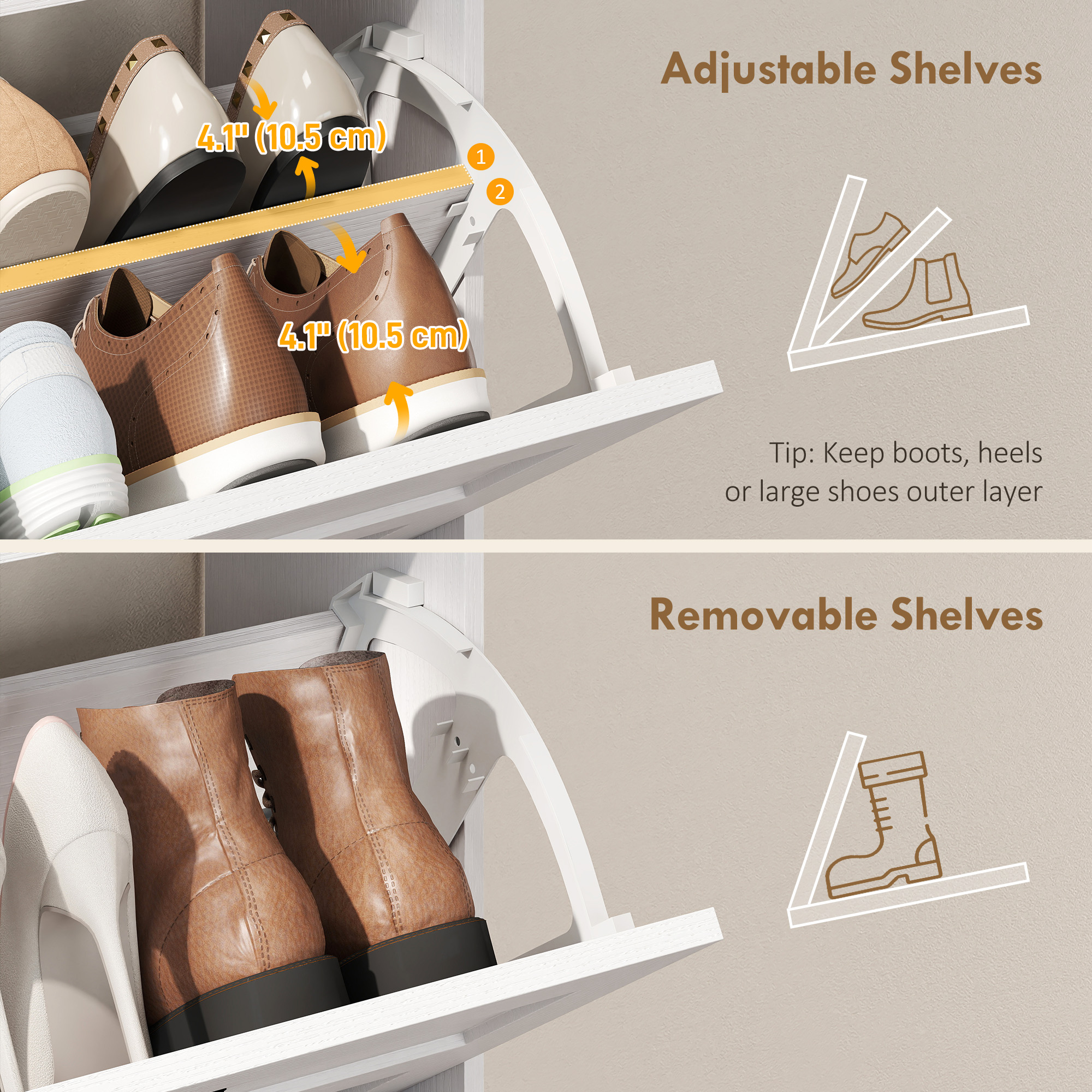 Shoe Cabinet with 2 Flip Drawers, Narrow Shoe Storage Cabinet, White - Image 4