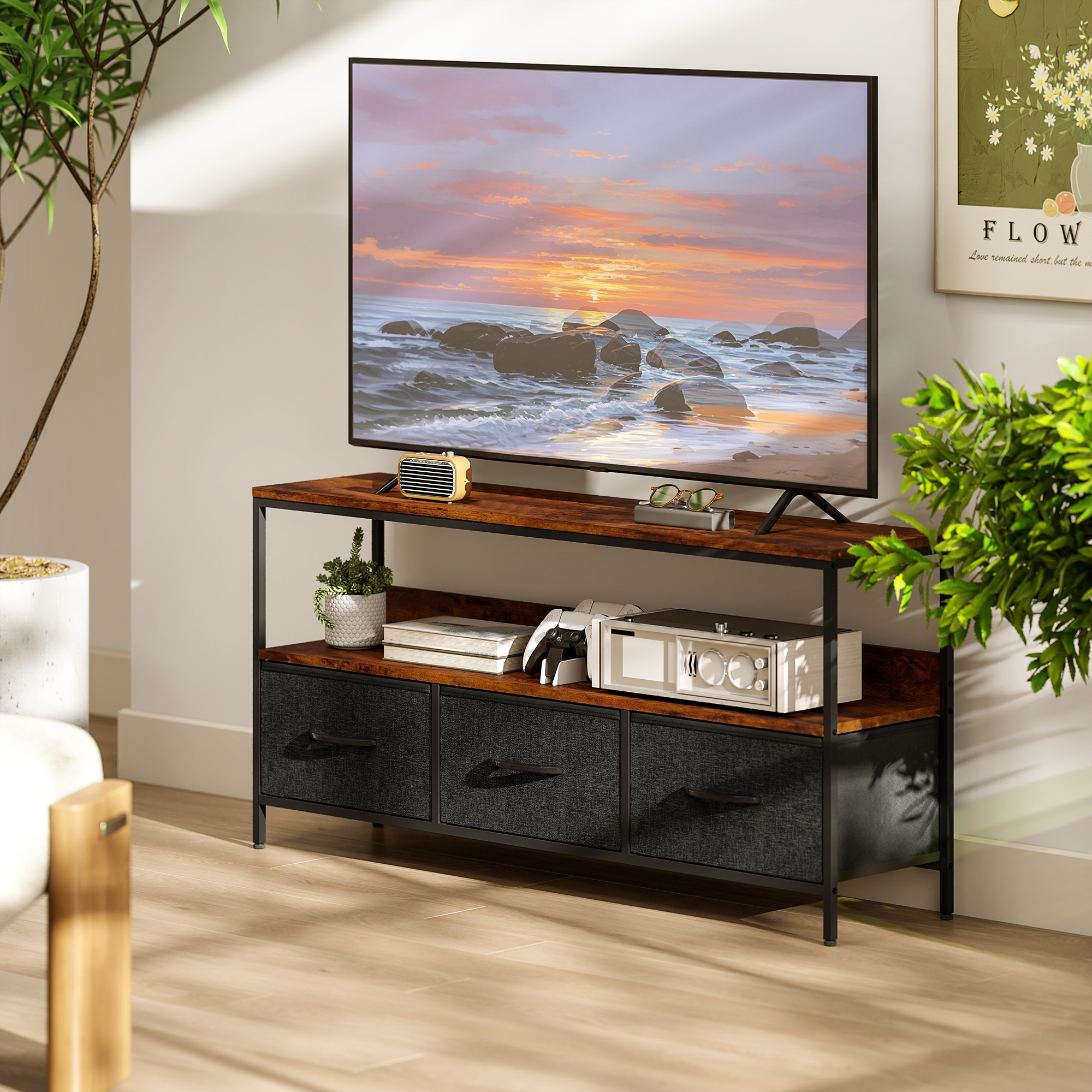 TV Stand with Charging Station, TV Table with 3 Foldable Linen Drawers and Open Shelf for 55 Inch Television, Rustic Brown - Image 5