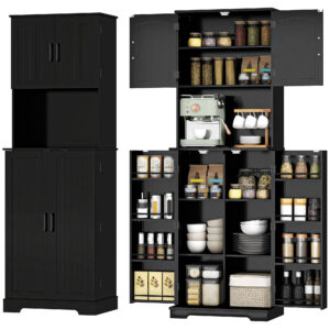 71.5" Tall Pantry Cabinet, Farmhouse Kitchen Storage Cabinet with Adjustable Shelves, 8 Door Spice Racks, Black