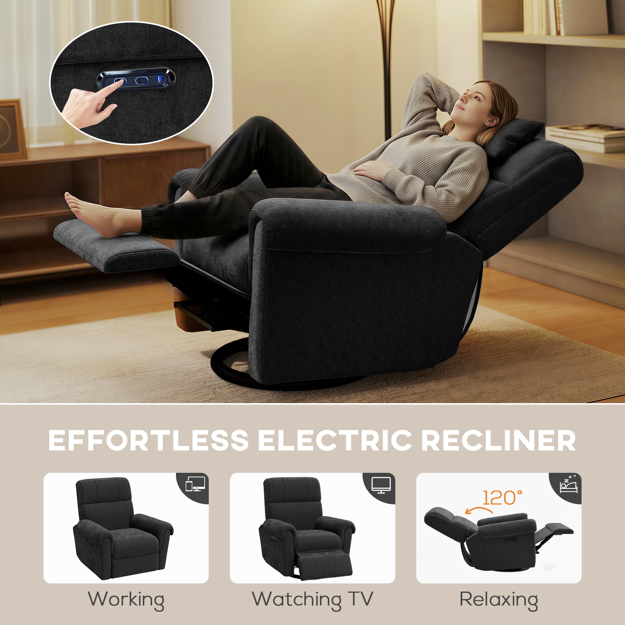 Power Recliner Chair, Fabric Upholstered Recliner Chair with USB Ports, Swivel and Rocking Function, Footrest, Black - Image 2