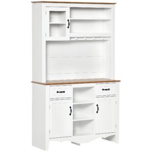 71" Kitchen Buffet with Hutch, Farmhouse Style Storage Cupboard with Utility Drawer, 3 Door Cabinets and 5-tier Shelves, White