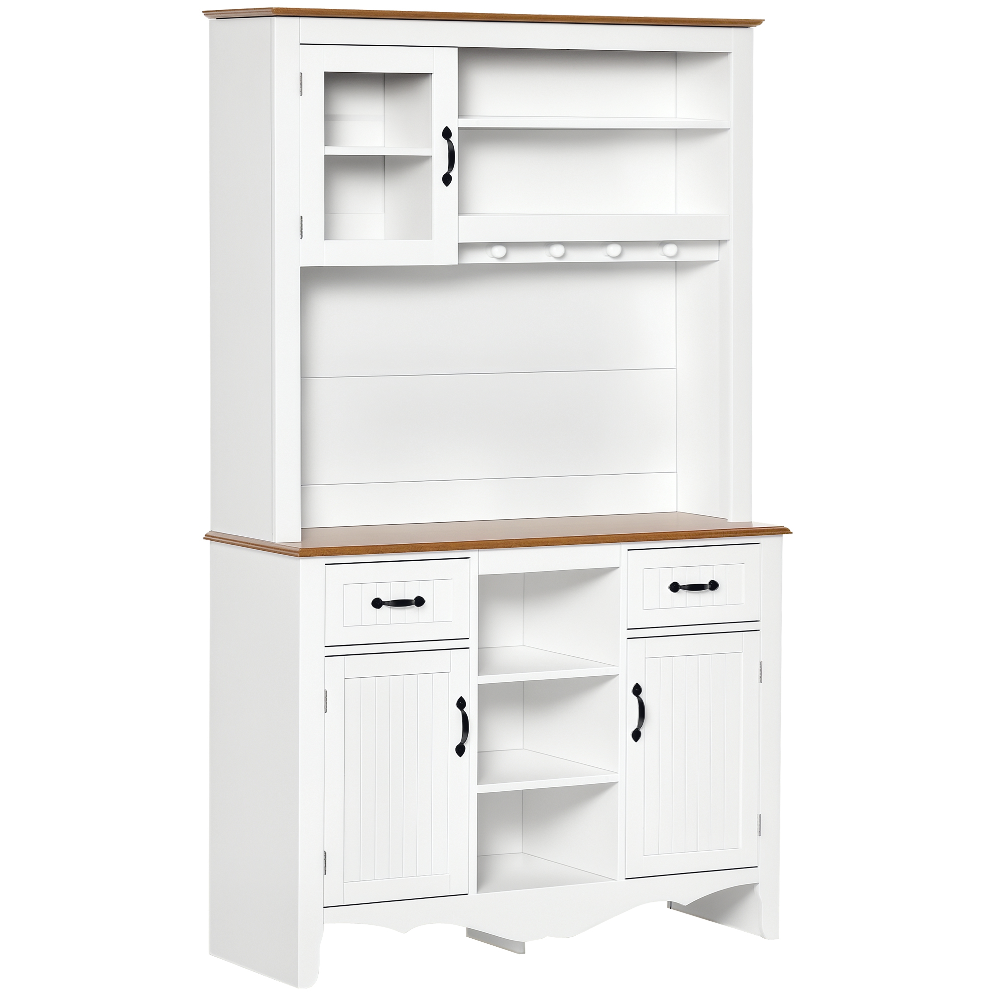 71" Kitchen Buffet with Hutch, Farmhouse Style Storage Cupboard with Utility Drawer, 3 Door Cabinets and 5-tier Shelves, White