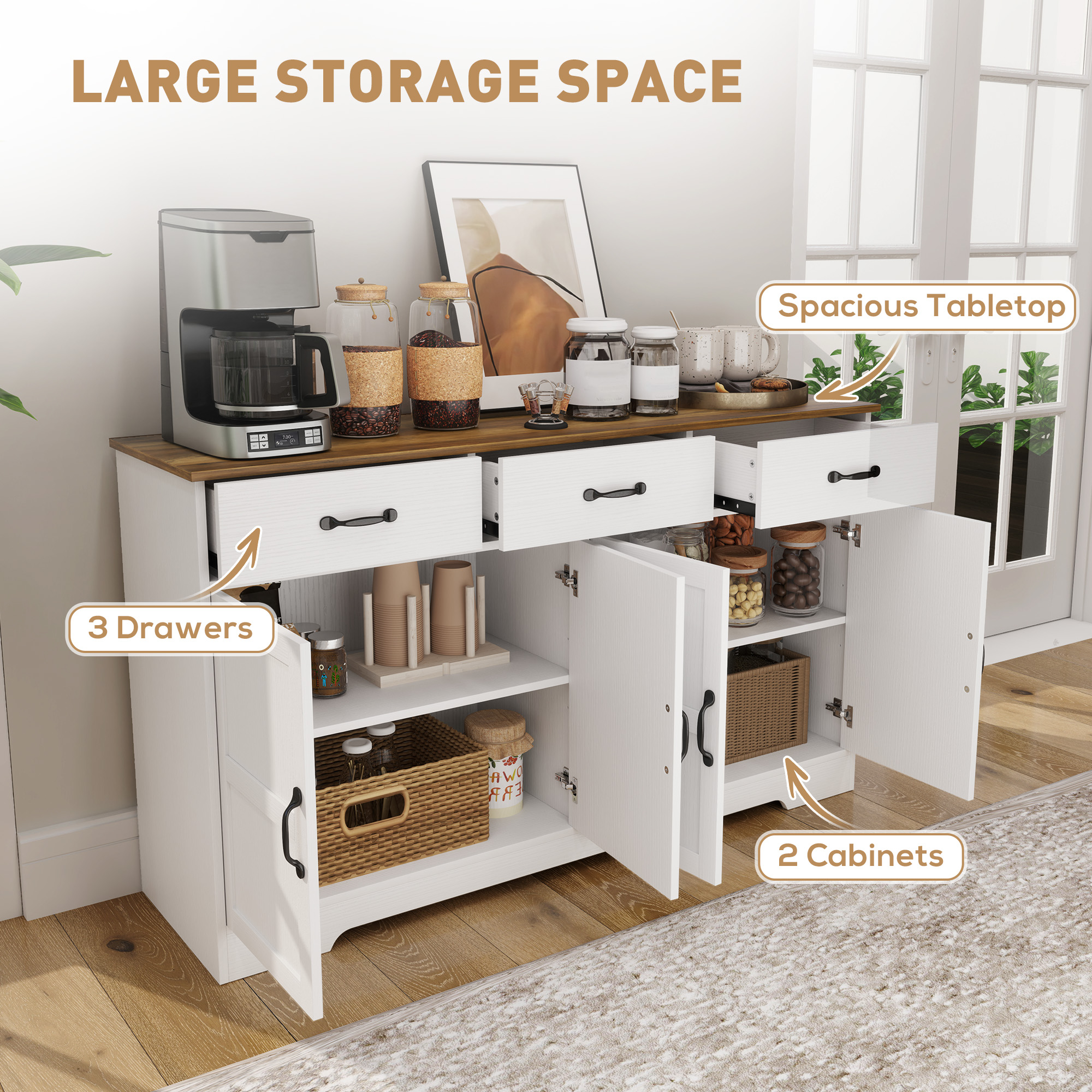 Sideboard Buffet Cabinet with Storage, Modern Coffee Bar Cabinet with 3 Drawers and Adjustable Shelves, Distressed White - Image 2