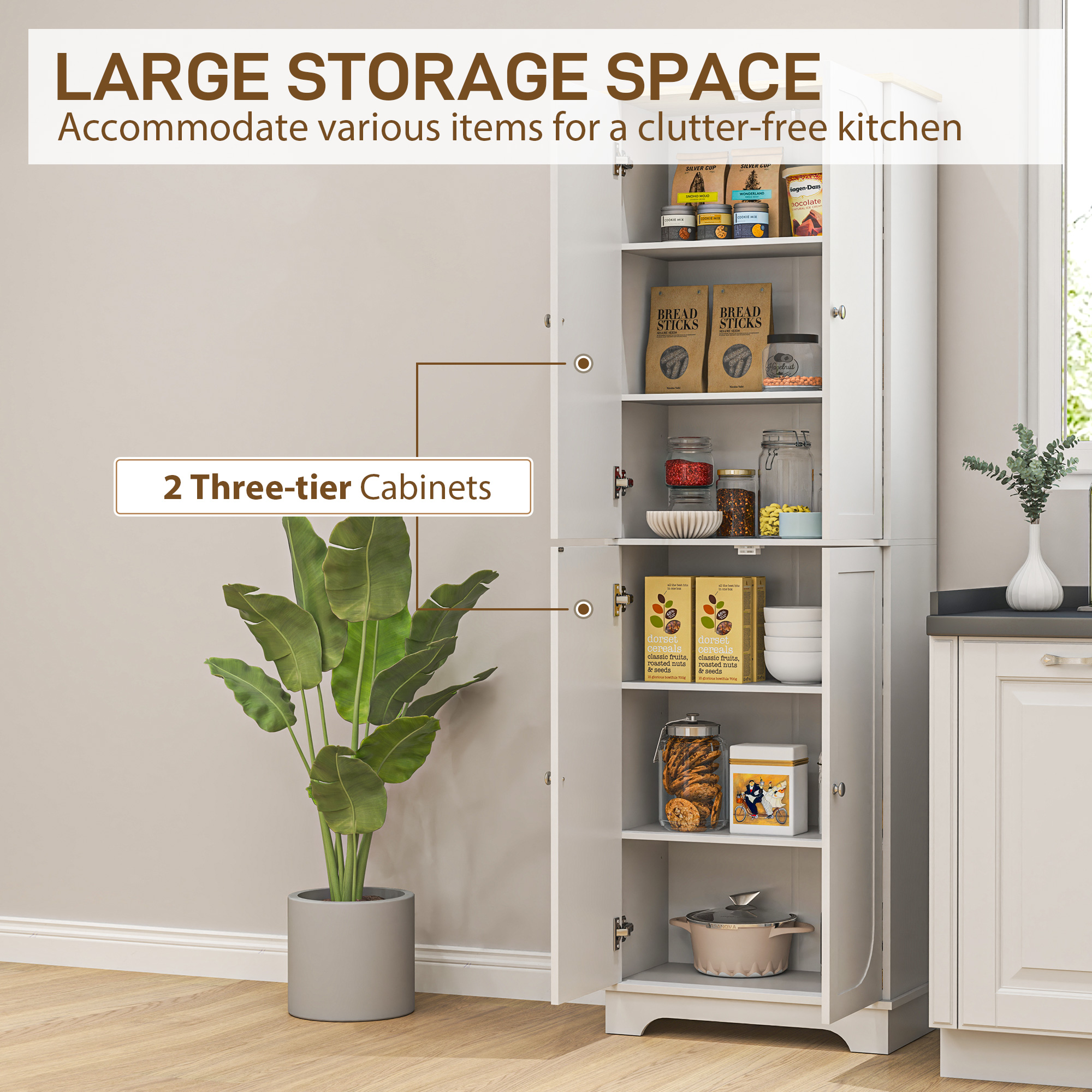 72" Tall Pantry Cabinet, Kitchen Pantry Cabinet with Adjustable Shelves, Storage Cabinet with 4 Doors, White - Image 3
