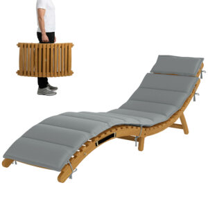 Folding Chaise Lounge Chair Outdoor, Acacia Wood Lounger Tanning Chair with Cushion, Headrest, Light Grey