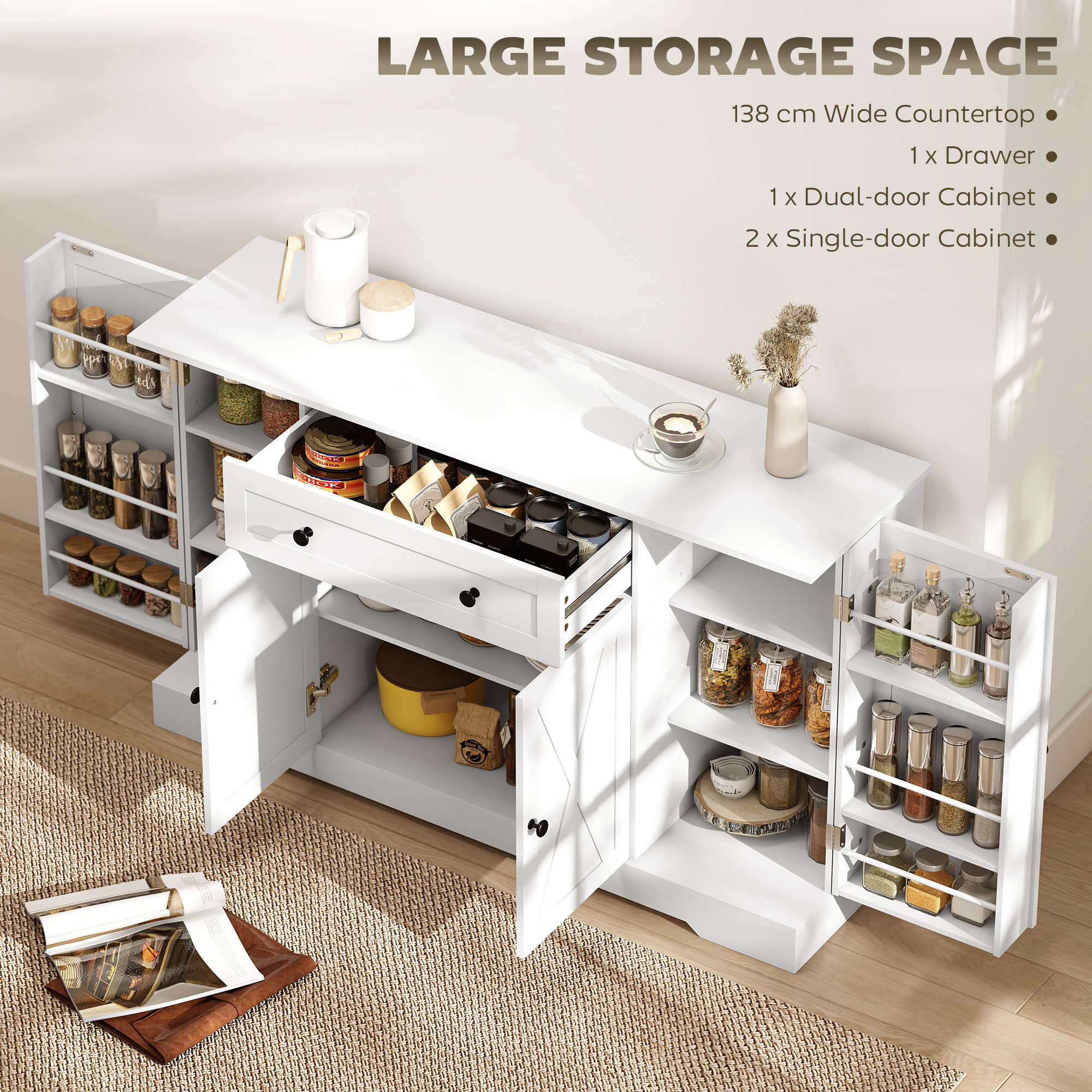 Sideboard Buffet Cabinet, Farmhouse Coffee Bar Cabinet with Door Shelves, Adjustable Shelves, Drawer, Barn Doors, White - Image 2