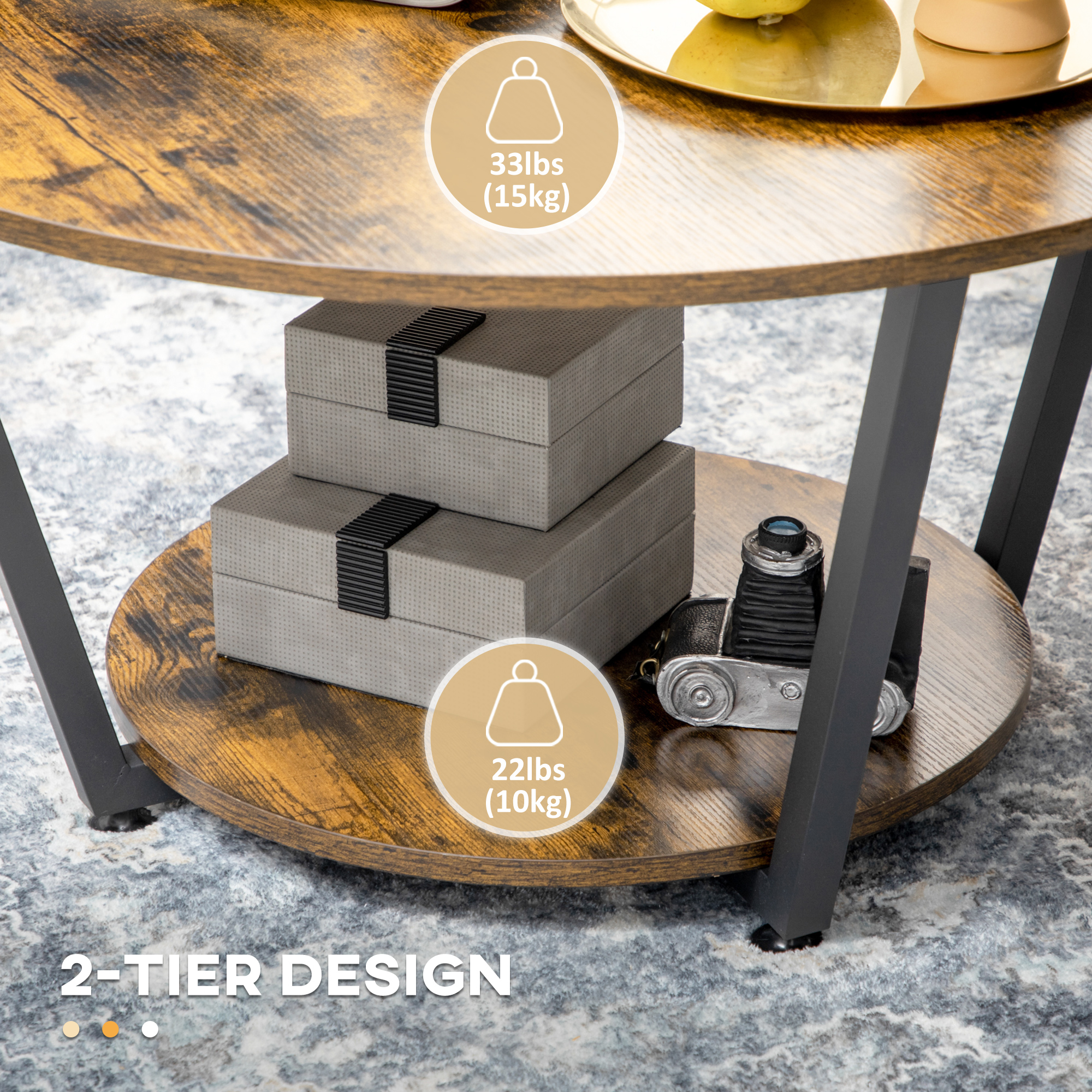 2-Tier Round Coffee Table with Storage Shelf, Industrial Center Table with Steel Frame for Living Room, Rustic Brown - Image 3