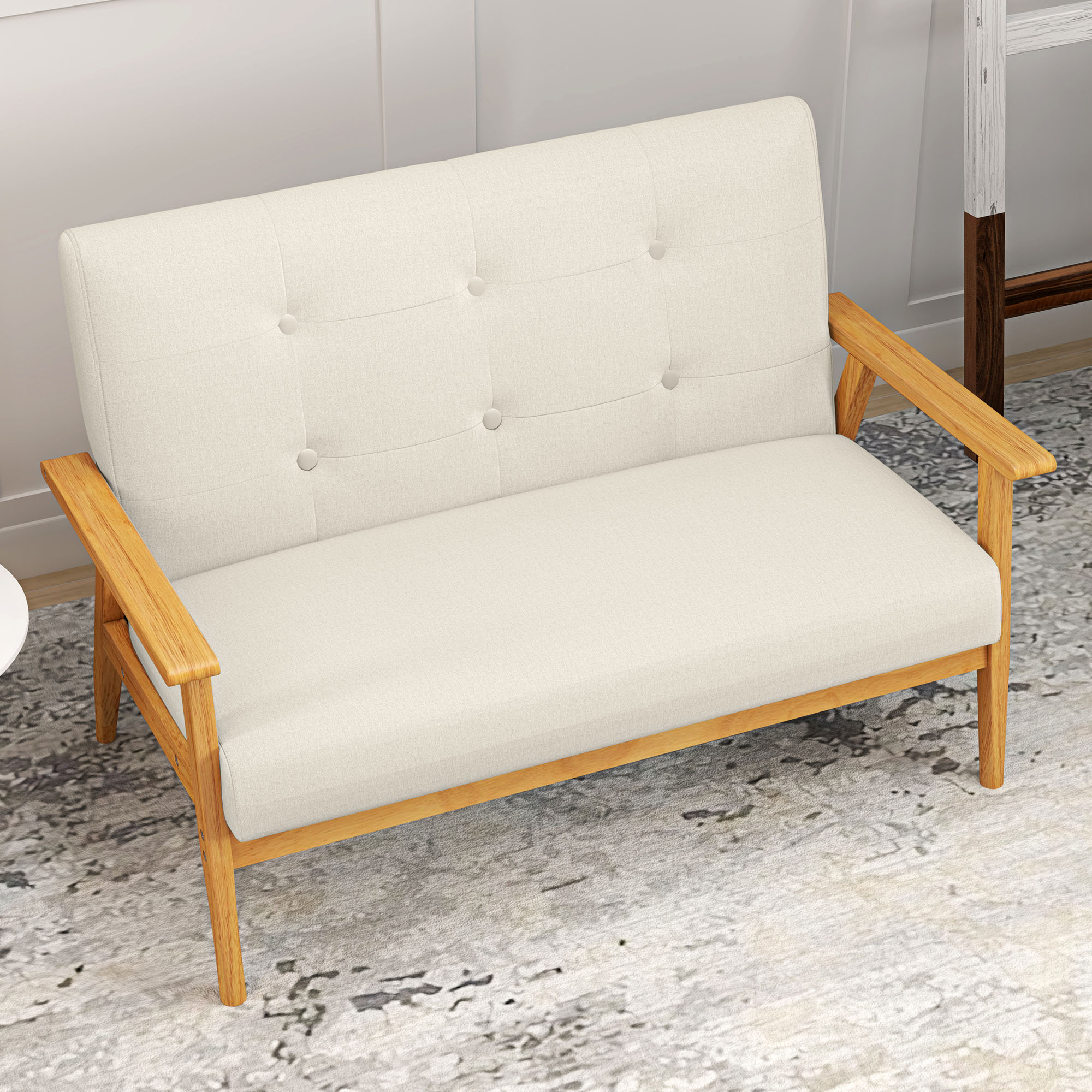 45" 2 Seat Sofa, Upholstered Two Seater Couch with Rubber Wood Legs for Bedroom, Living Room, Beige - Image 5