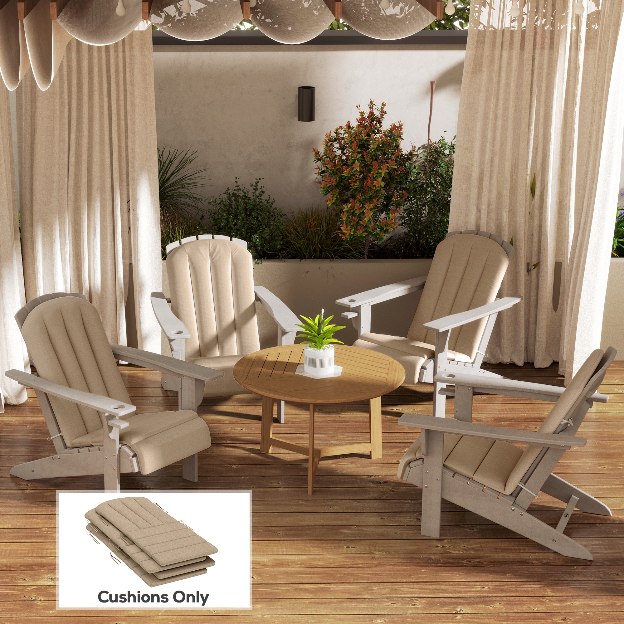 Set of 4 Patio Chair Cushions, High Back Adirondack Chair Cushion with Ties, High-Density Foam, Beige - Image 6
