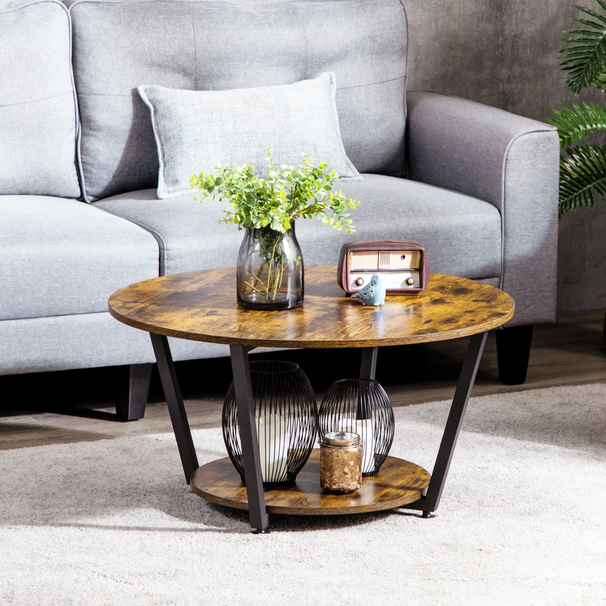 2-Tier Round Coffee Table with Storage Shelf, Industrial Center Table with Steel Frame for Living Room, Rustic Brown - Image 6