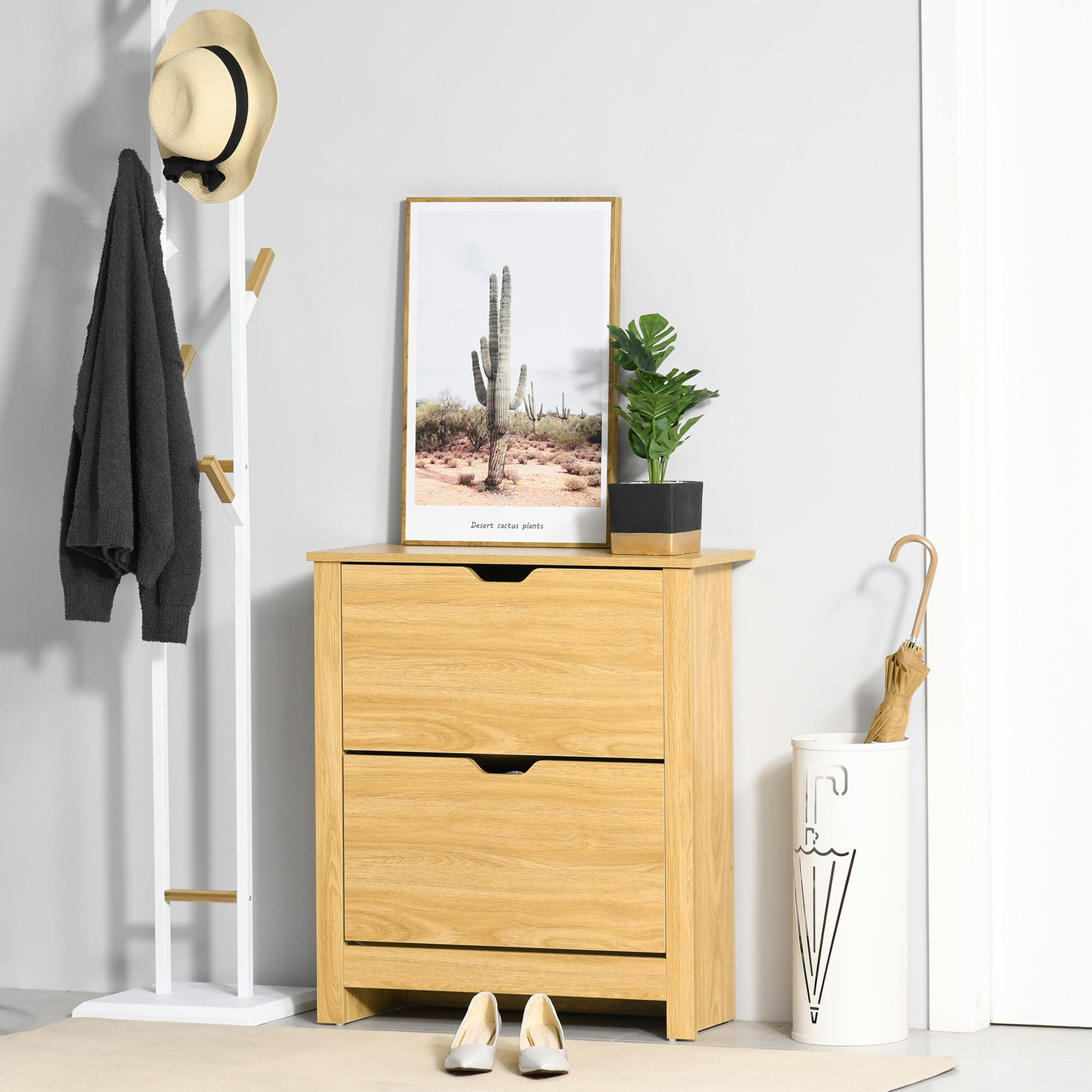 Shoe Storage Cabinet with 2 Flip Drawers and Adjustable Shelves for 8–12 Pairs of Shoes, Natural Wood - Image 6