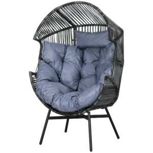 Wicker Egg Chair Outdoor Indoor Rattan Oversized Patio Lounge Chair with 5.5" Cushions and Headrest, Grey