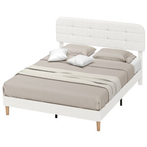 Queen Size Bed Frame with Adjustable Headboard Upholstered Platform Bed Frame with Wood Slat Support Noise Free White