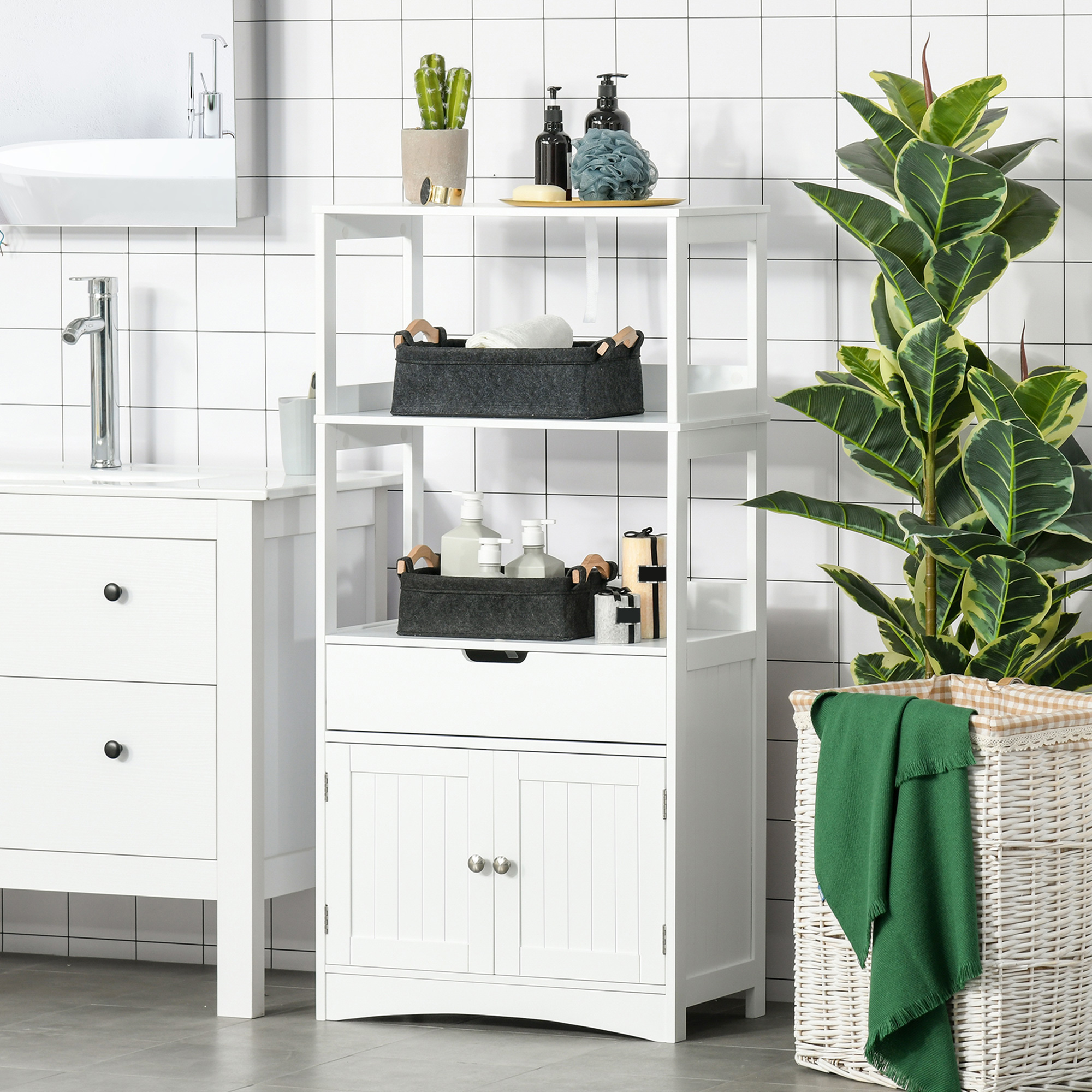 Bathroom Floor Cabinet, Free Standing Kitchen Cabinet with Shelves, Drawer and Doors, for Living Room, White - Image 6