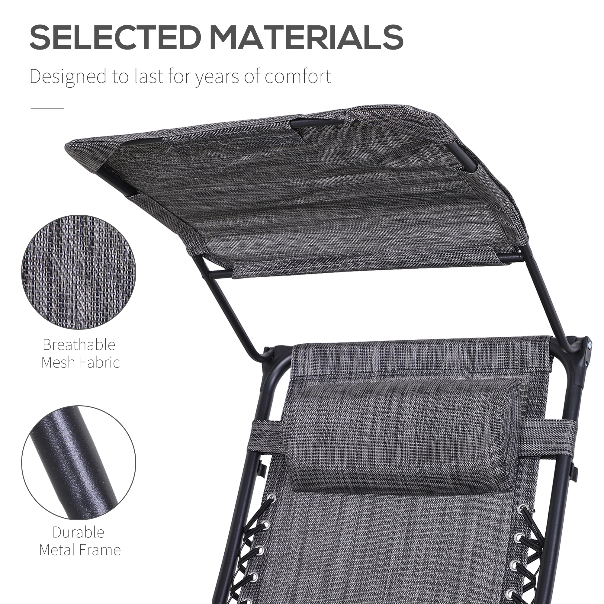 Outdoor Zero Gravity Reclining Lounger Chair with Canopy Shade, Side Tray, Cupholder, Dark Grey - Image 3