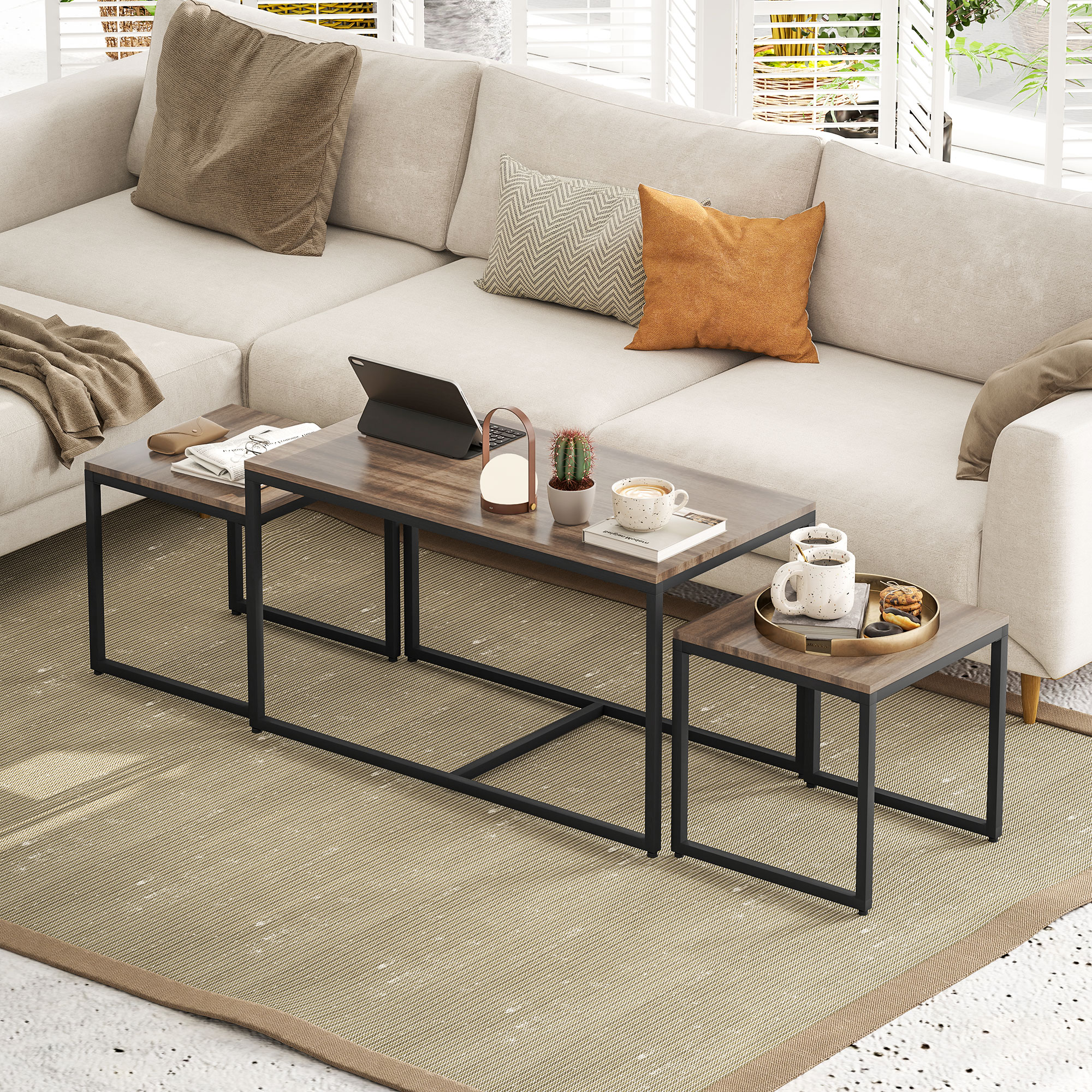 Nesting Coffee Table Set of 3, Modern End Tables with Black Metal Frame for Living Room Home Furniture, Brown - Image 6