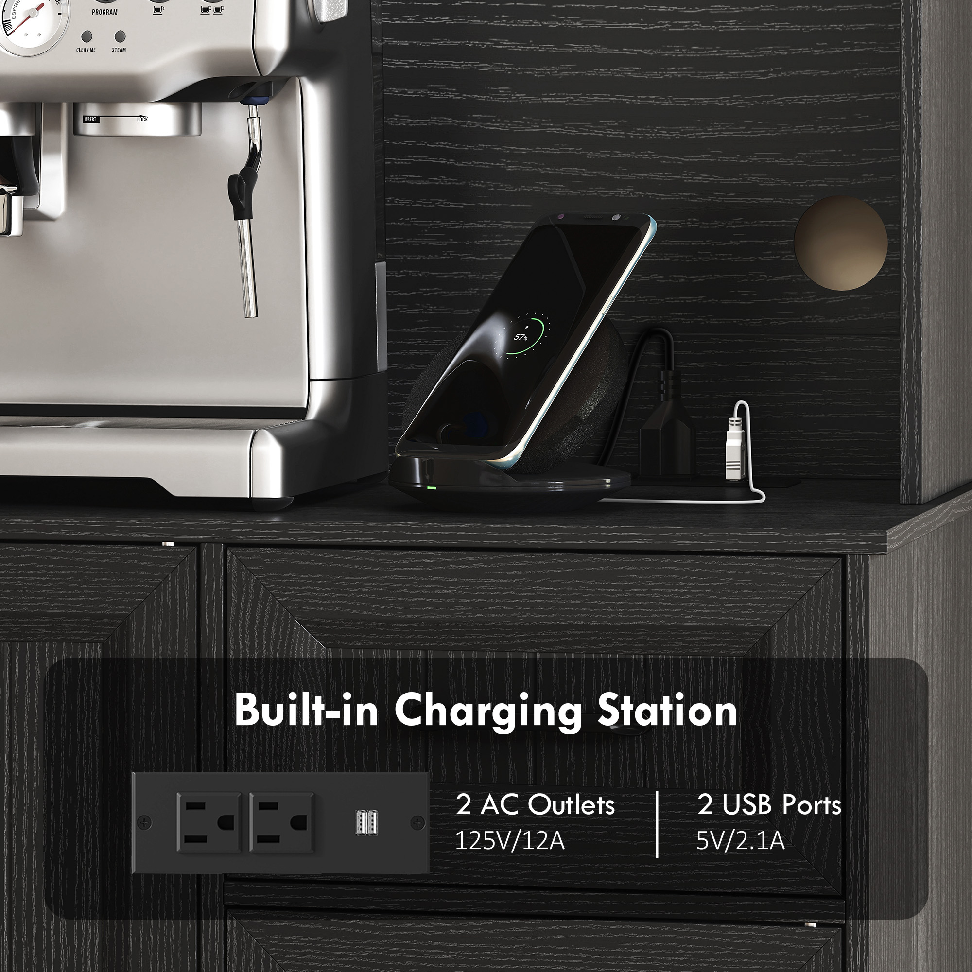71" Pantry Cabinet with Charging Station, Kitchen Storage Cabinet with Microwave Stand, Adjustable Shelves, Black - Image 5
