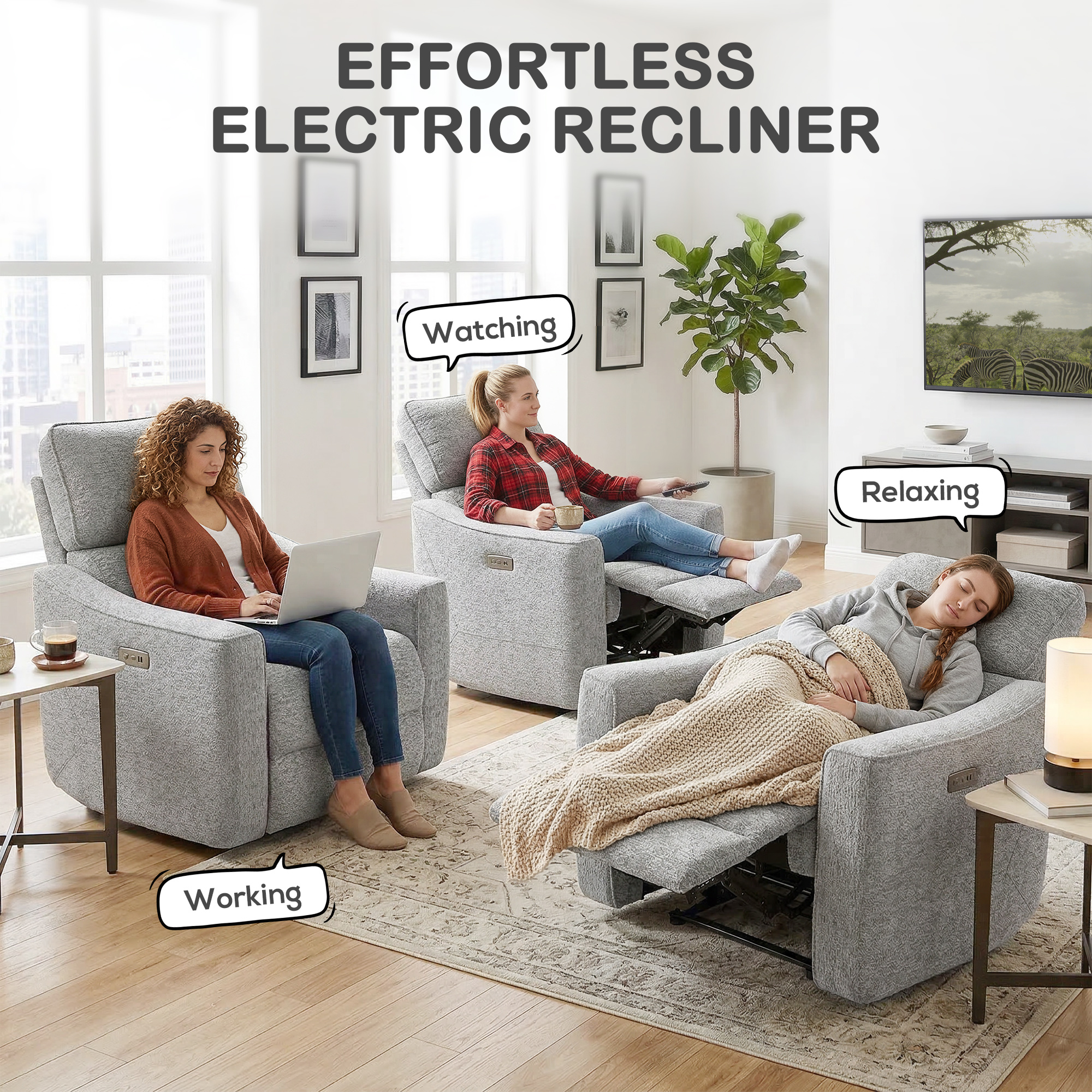 Power Recliner Chair, Chenille Upholstered Recliner Chair with USB Ports, Footrest, Grey - Image 2